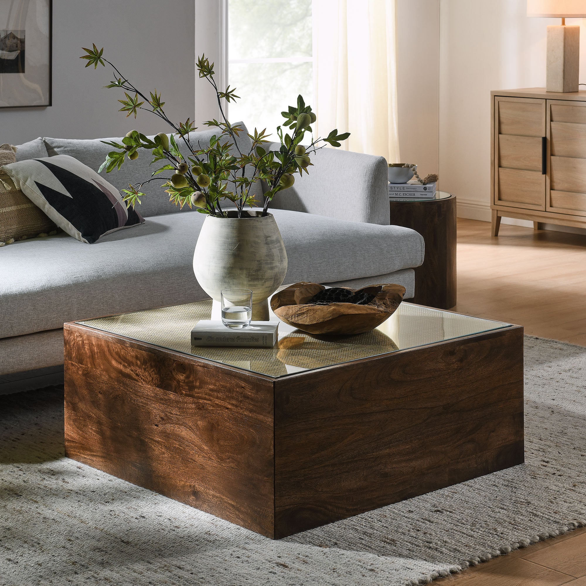 Truett Square Wood Rattan Coffee Table, Walnut