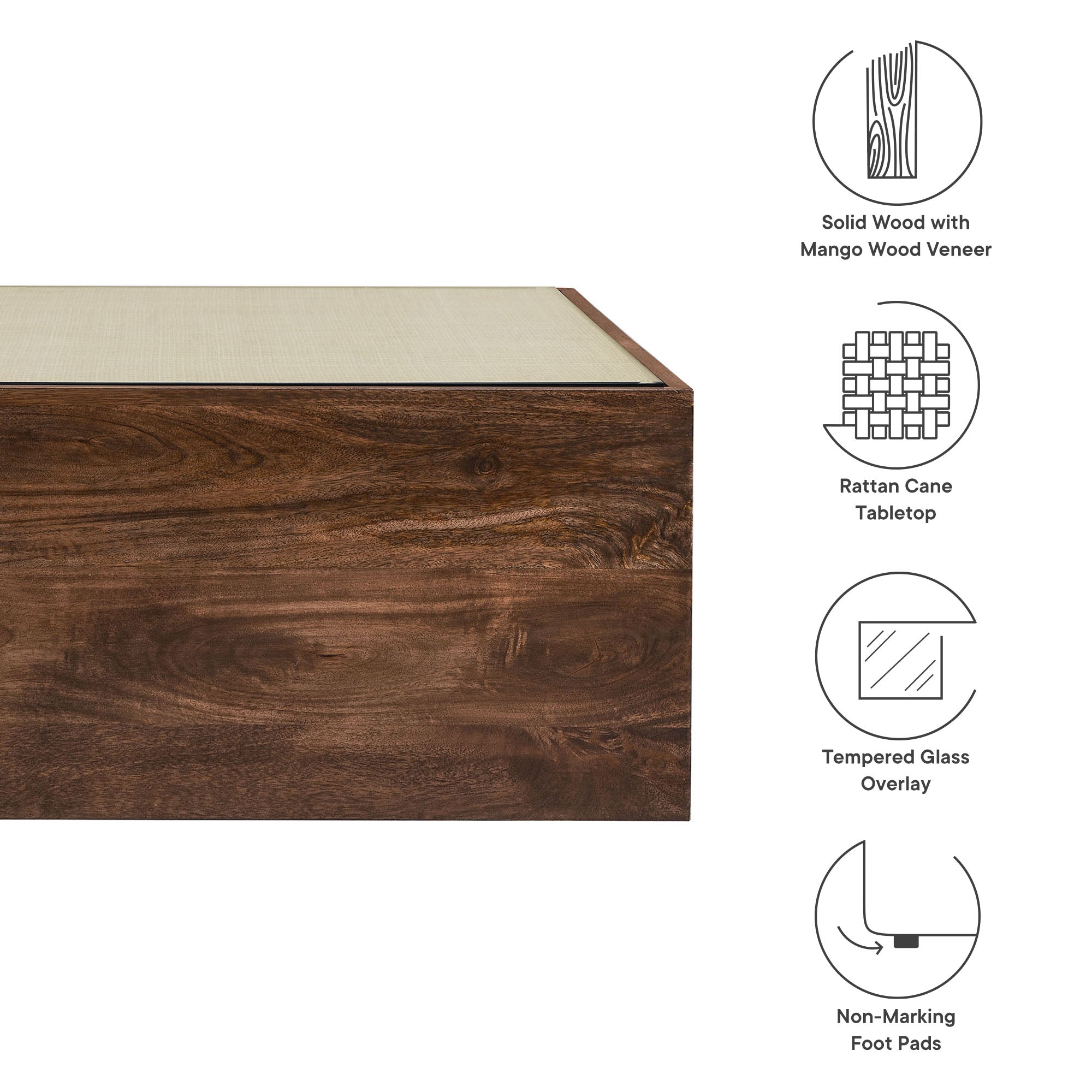 Truett Square Wood Rattan Coffee Table, Walnut