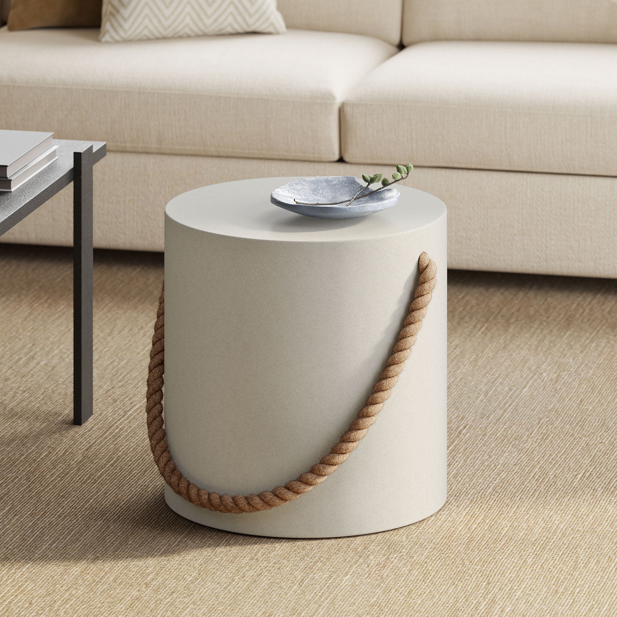 Isera Indoor - Outdoor Patio Rope Concrete Side Table Stool, Light Gray