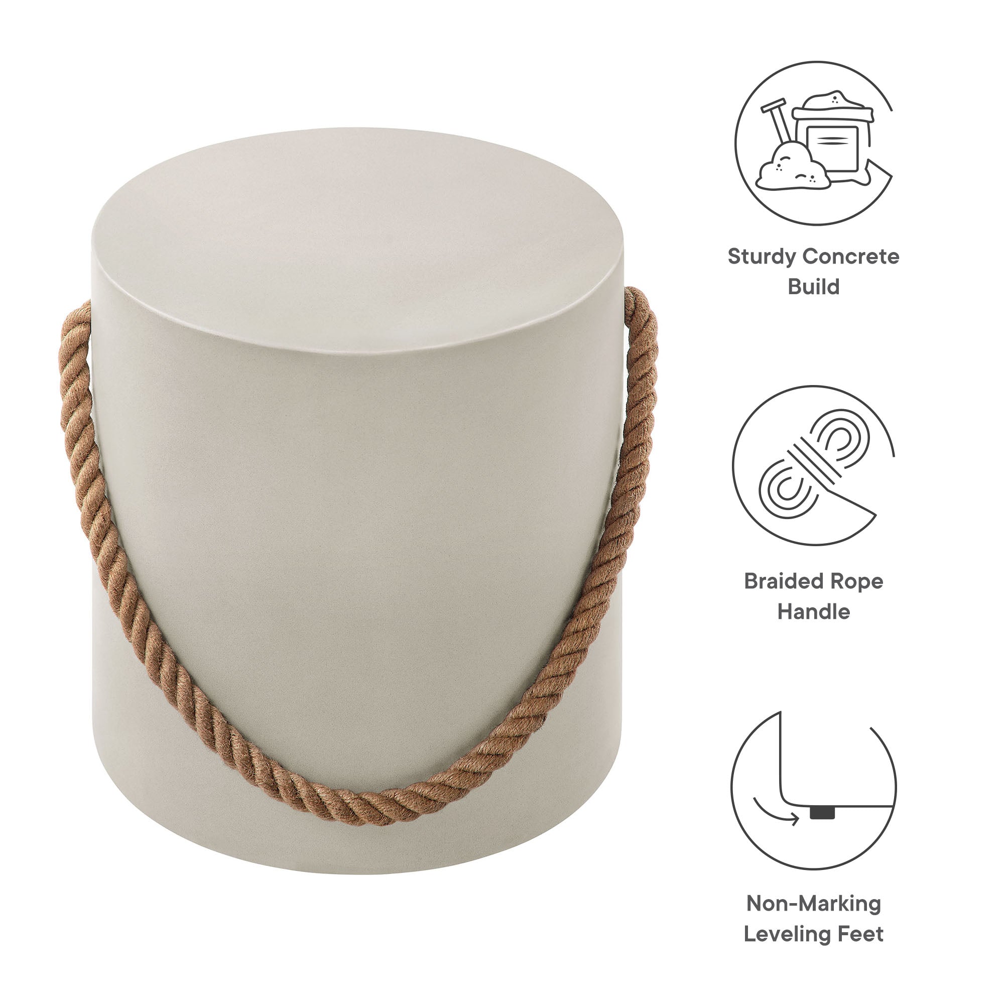 Isera Indoor - Outdoor Patio Rope Concrete Side Table Stool, Light Gray