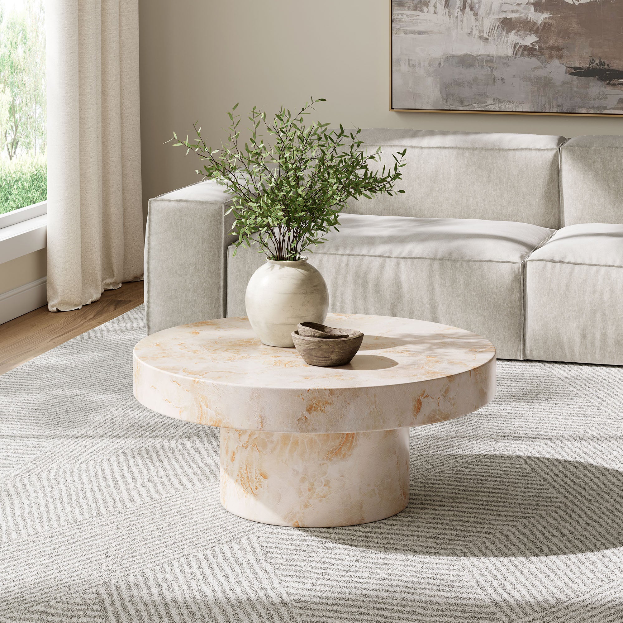 Alora Indoor - Outdoor Patio Concrete Round Coffee Table, Honey Onyx