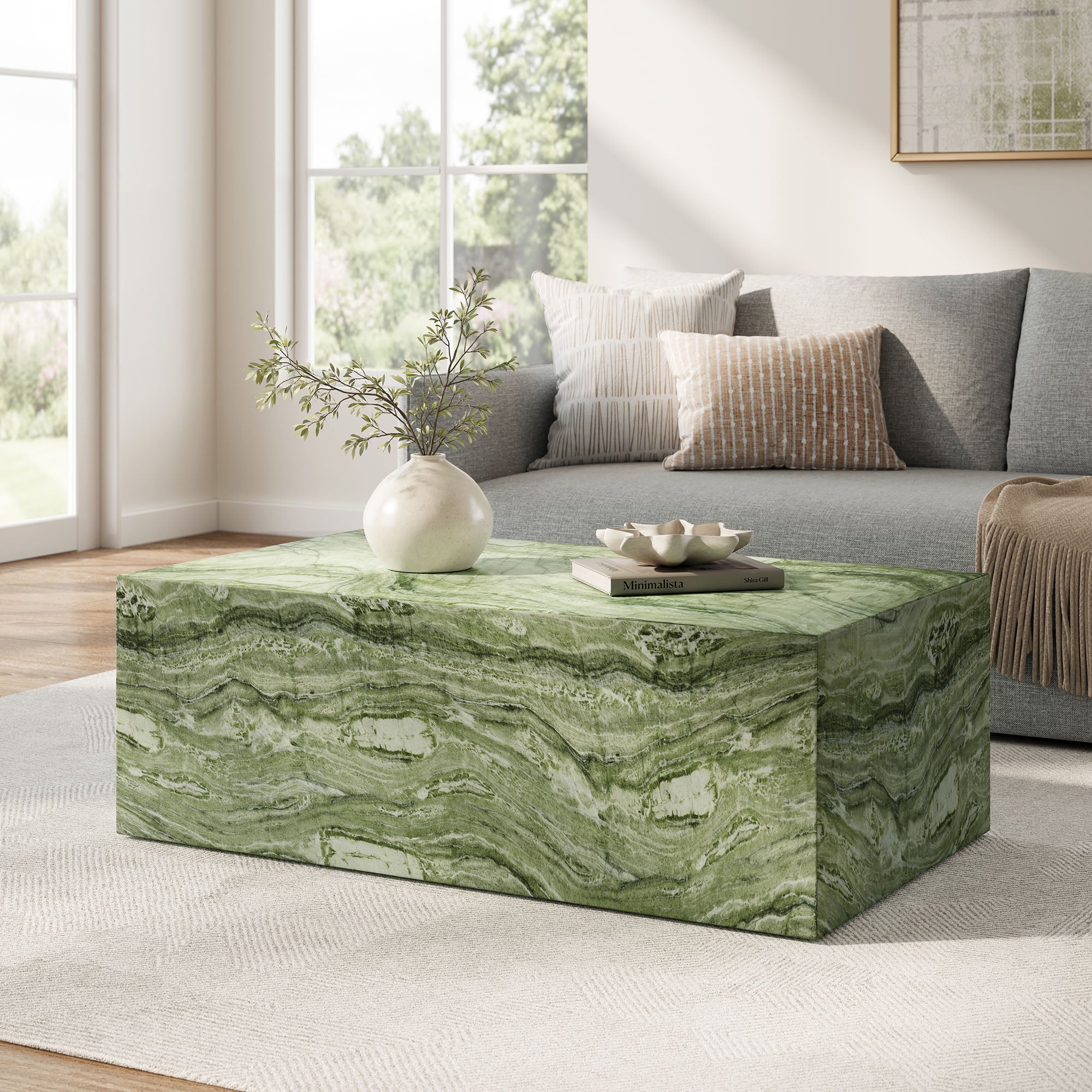 Jordana Square Plinth Indoor - Outdoor Patio Concrete Coffee Table, Green Marble