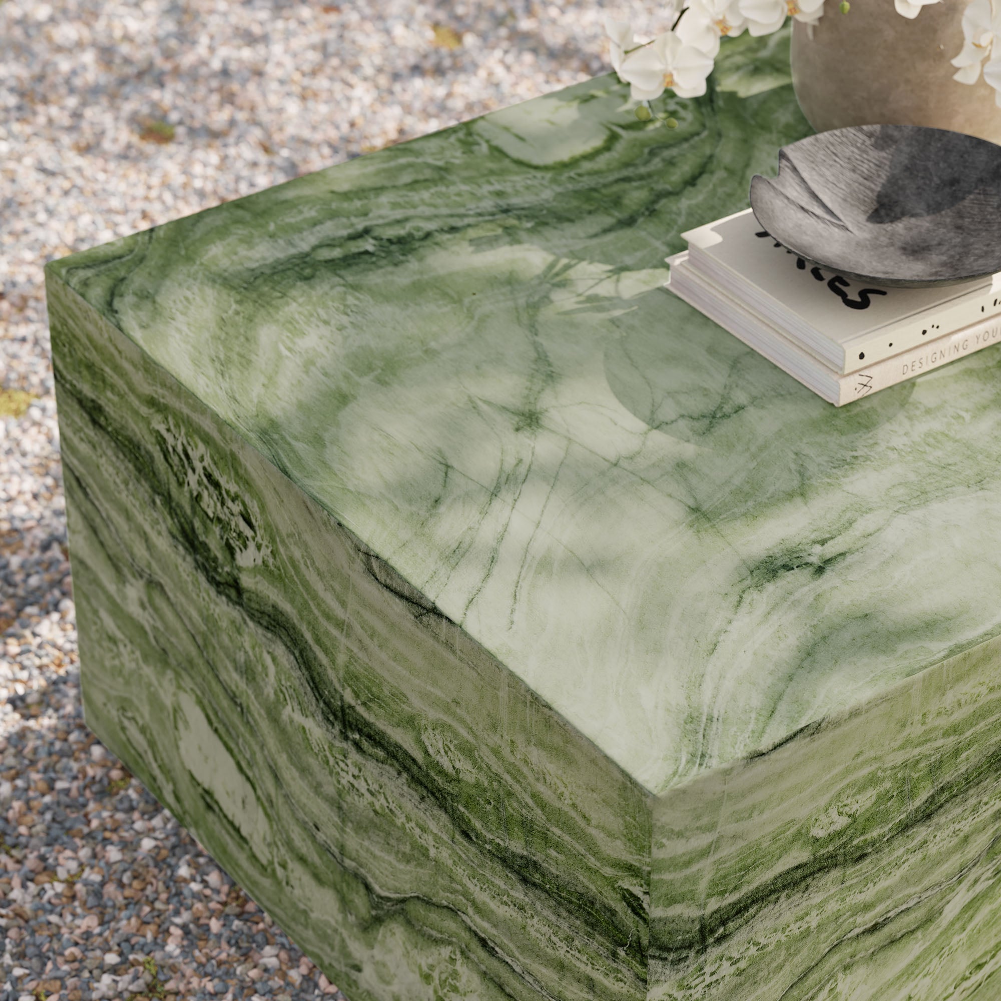 Jordana Square Plinth Indoor - Outdoor Patio Concrete Coffee Table, Green Marble