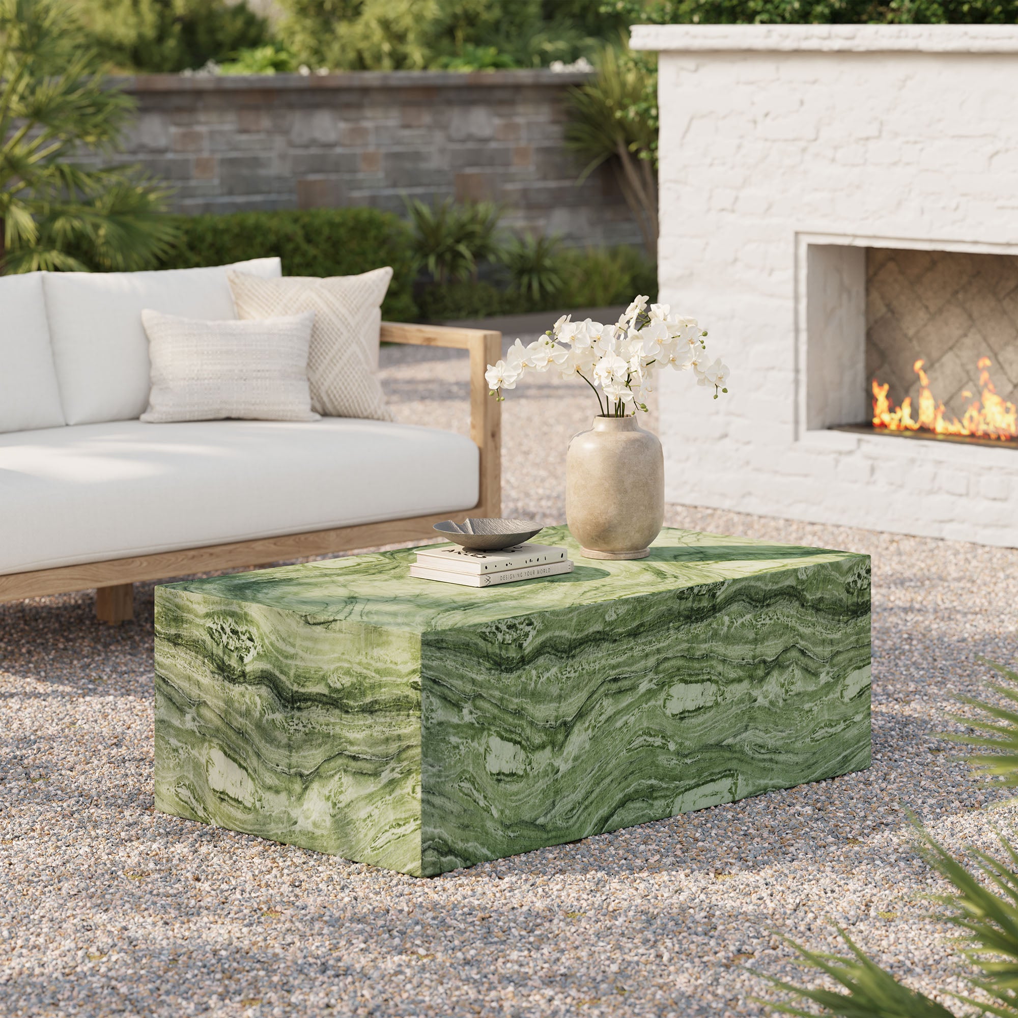 Jordana Square Plinth Indoor - Outdoor Patio Concrete Coffee Table, Green Marble