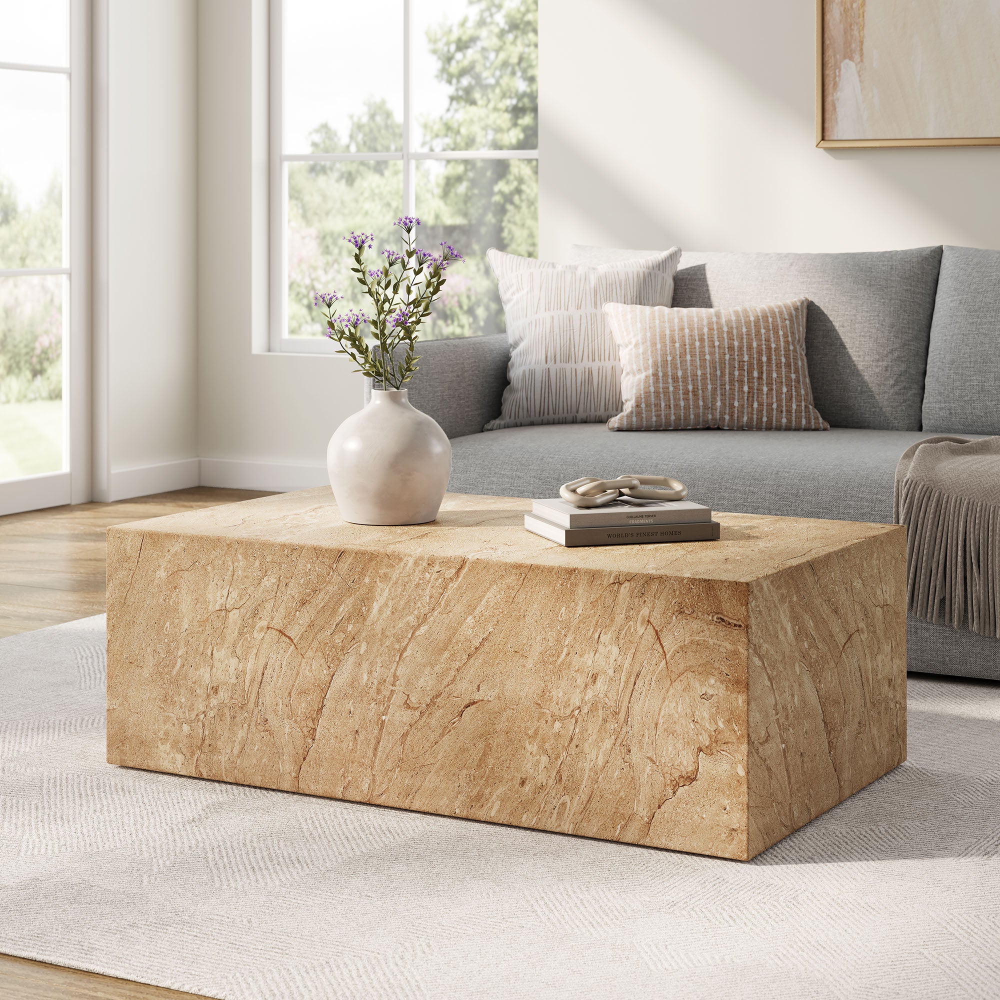 Jordana Square Plinth Indoor - Outdoor Patio Concrete Coffee Table, Travertine