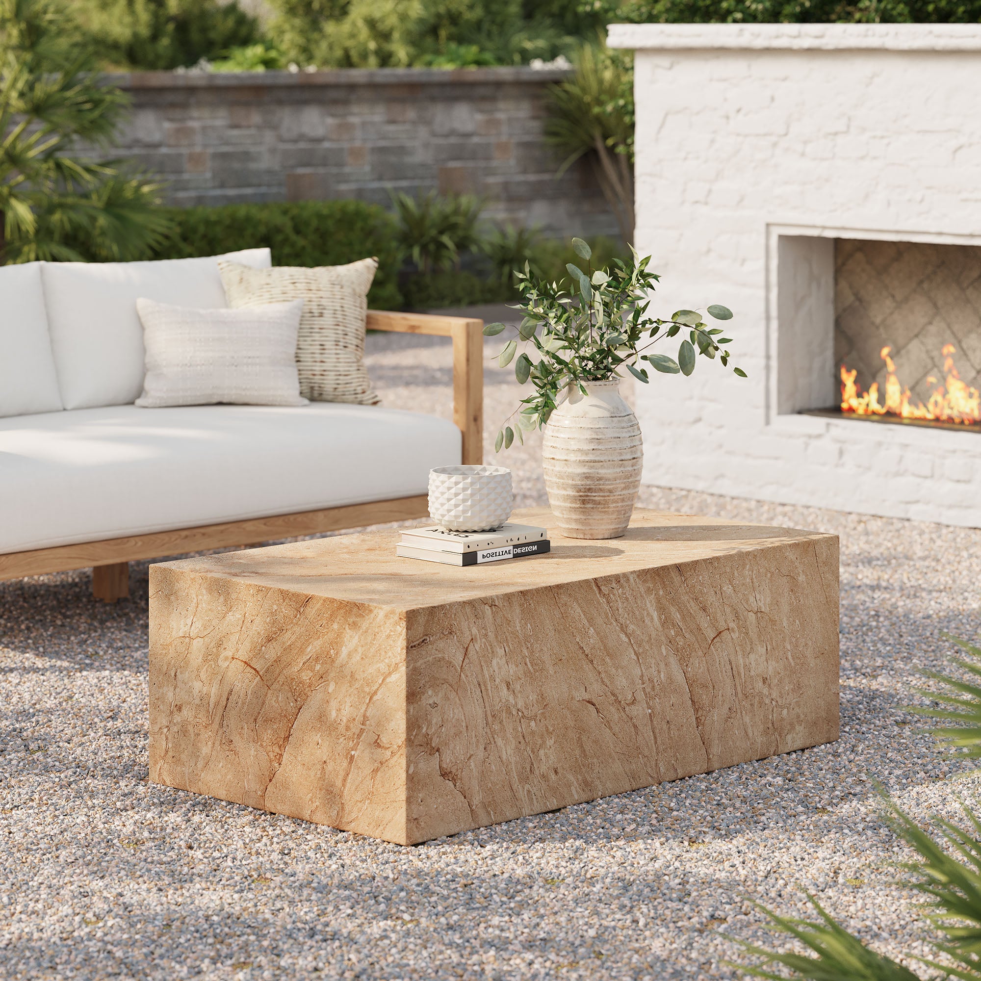 Jordana Square Plinth Indoor - Outdoor Patio Concrete Coffee Table, Travertine