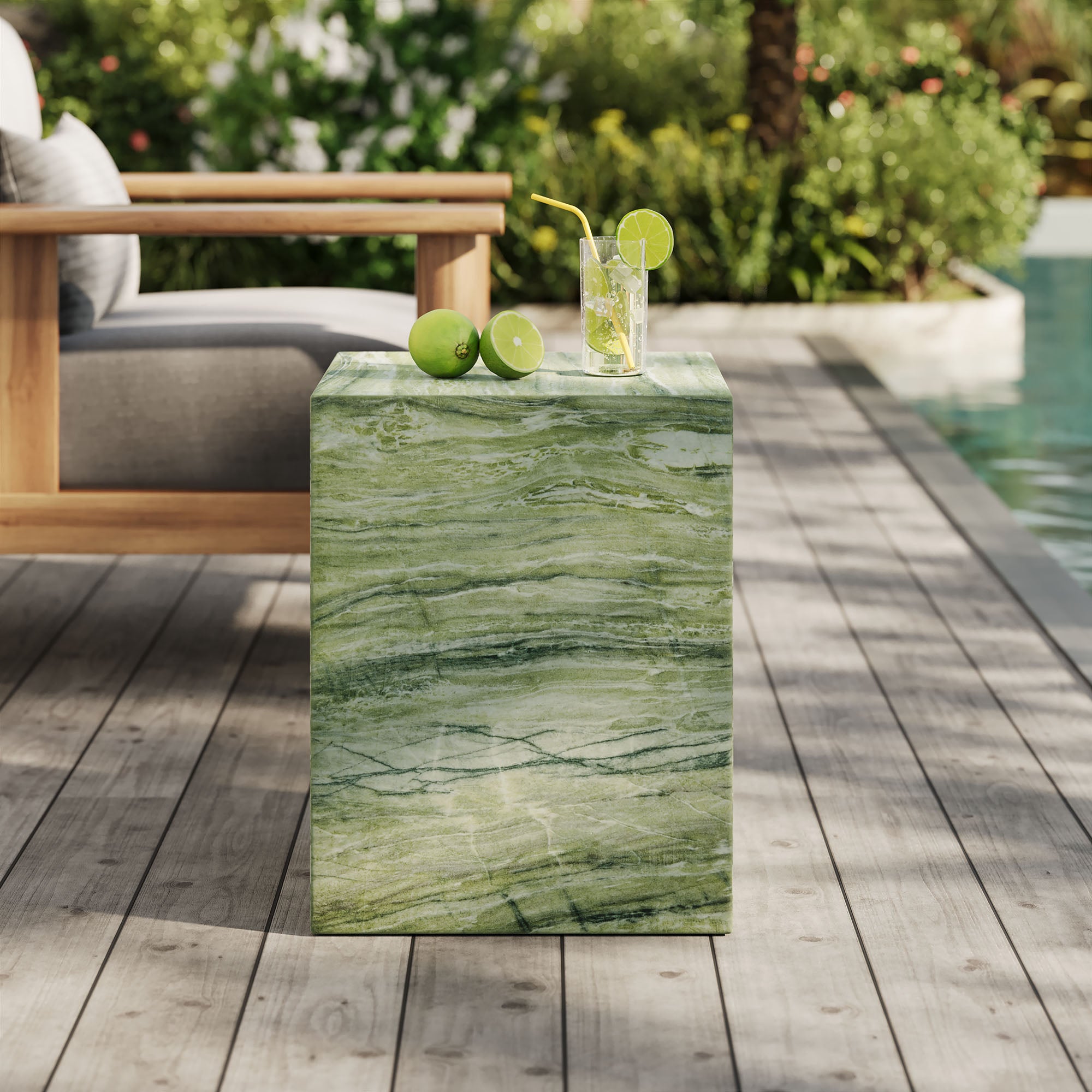Jordana Square Plinth Indoor - Outdoor Patio Concrete Side Table, Green Marble