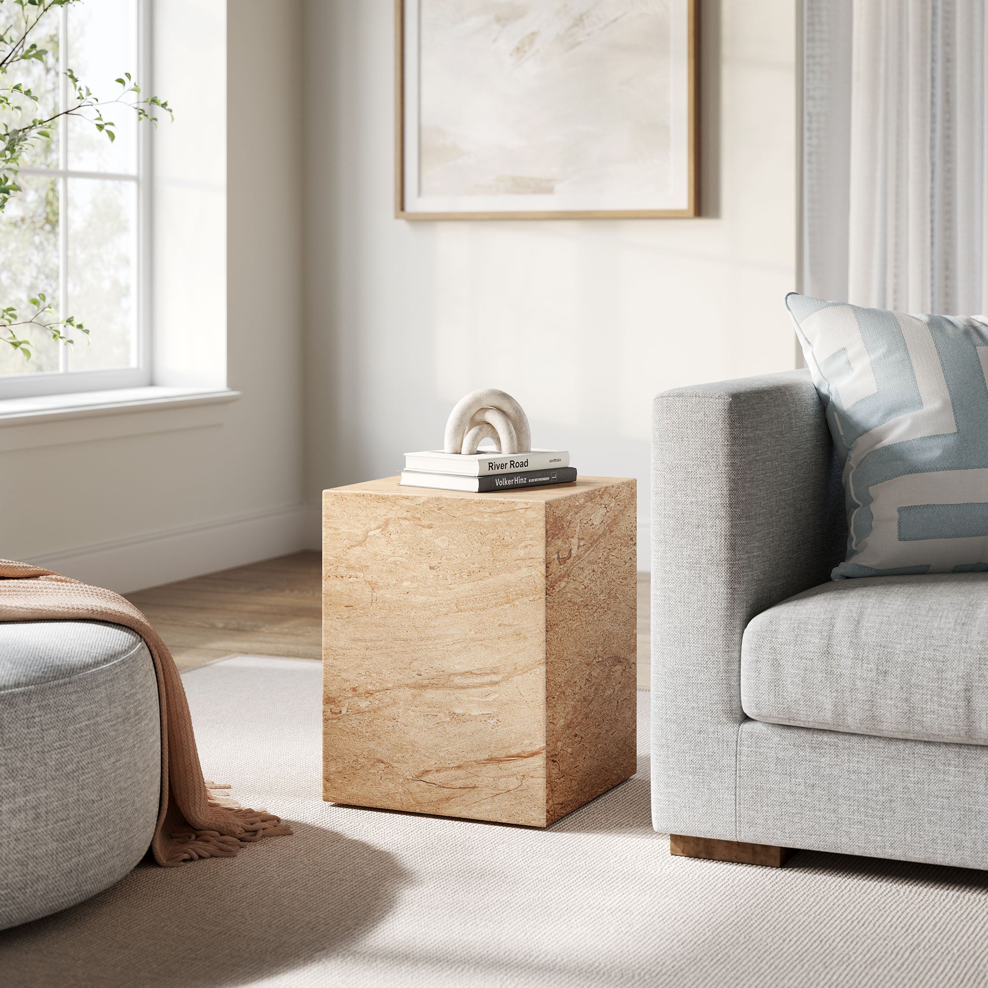 Jordana Square Plinth Indoor - Outdoor Patio Concrete Side Table, Travertine