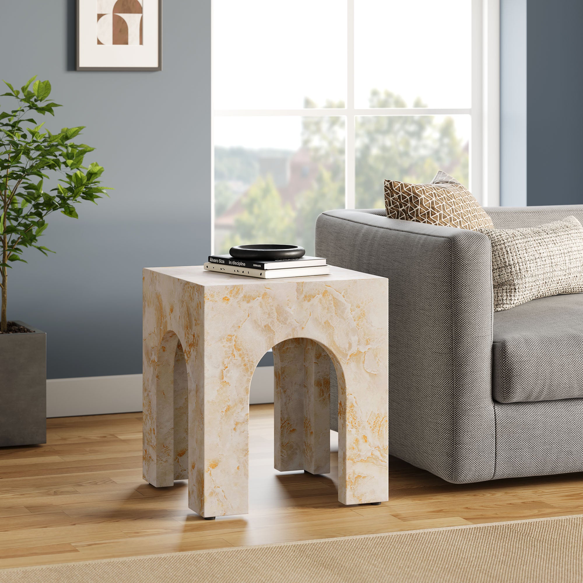 Valen Square Indoor - Outdoor Patio Arched Concrete Side Table, Honey Onyx