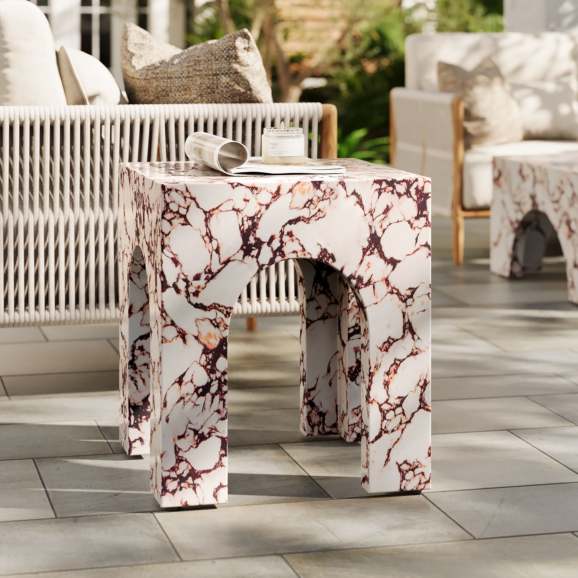 Valen Square Indoor - Outdoor Patio Arched Concrete Side Table, Red Marble