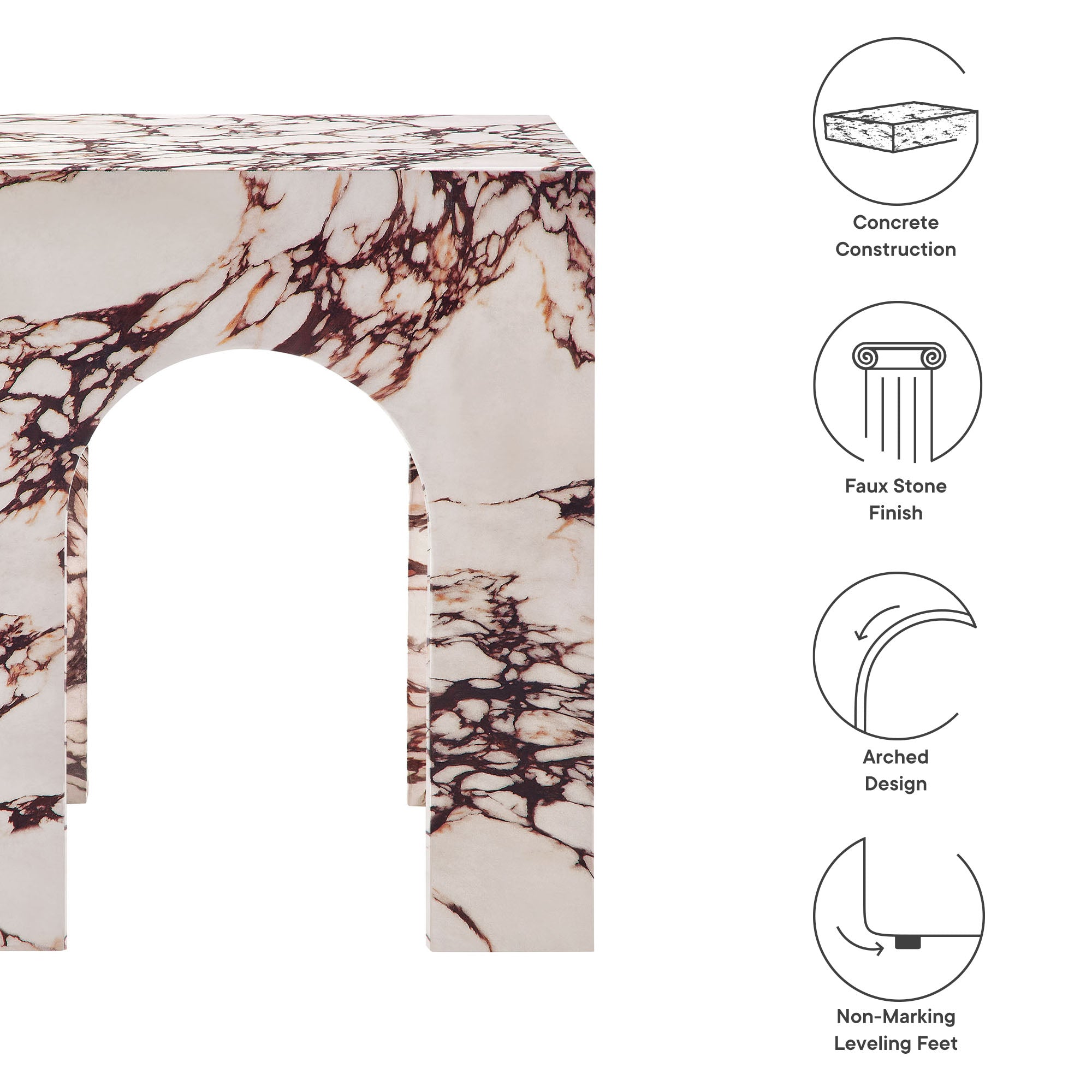 Valen Square Indoor - Outdoor Patio Arched Concrete Side Table, Red Marble