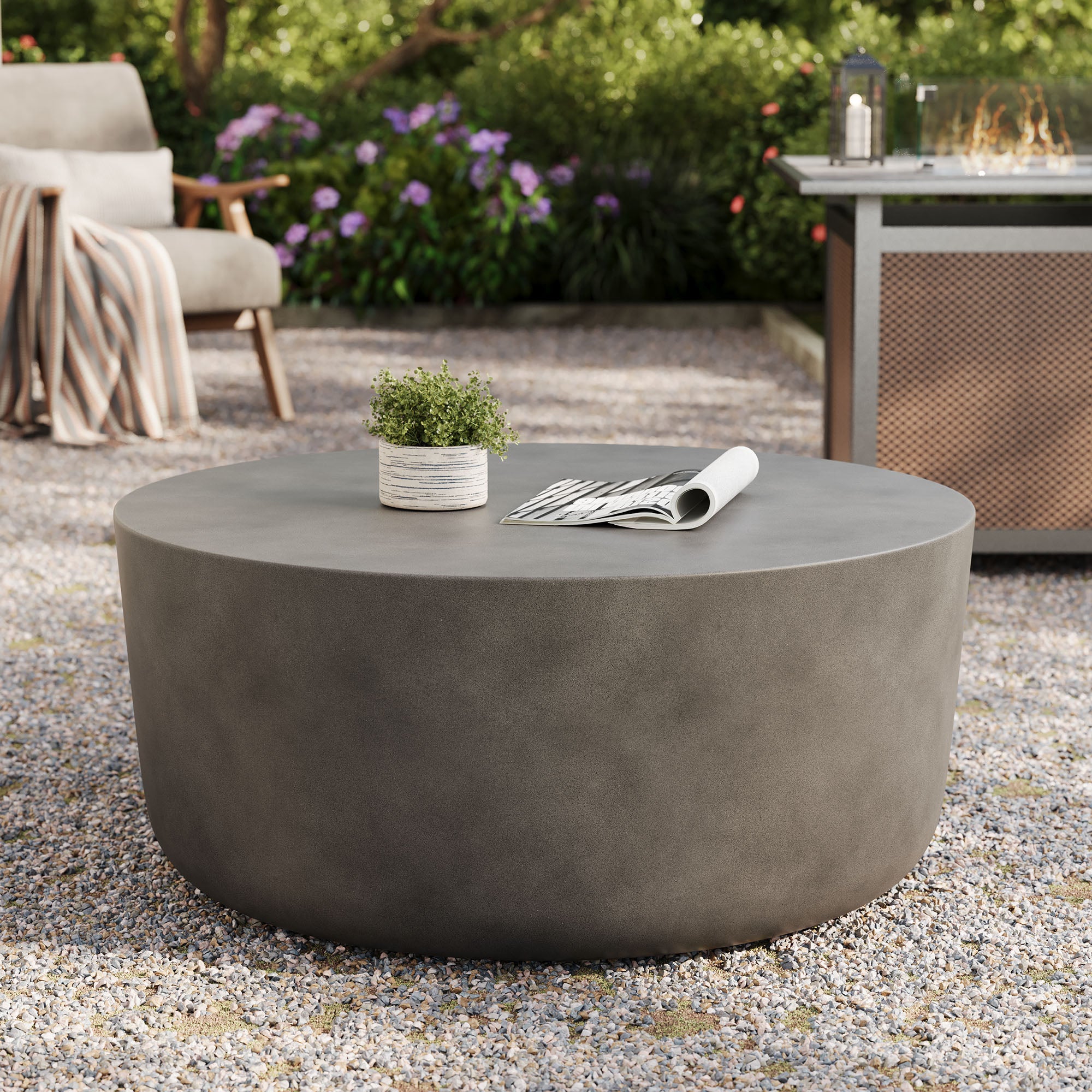 Brion Round Indoor - Outdoor Patio Concrete Coffee Table, Gray