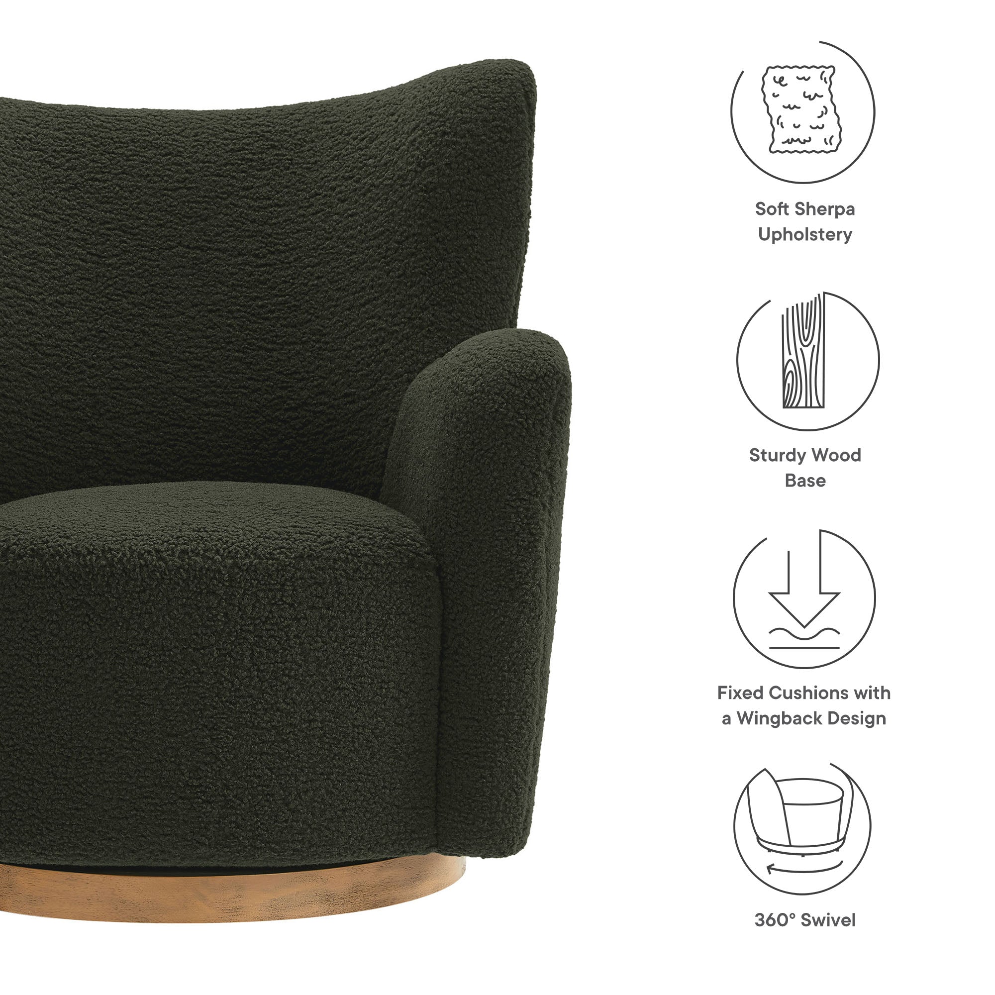 Montrose Wingback Sherpa Swivel Accent Chair, Fern Walnut