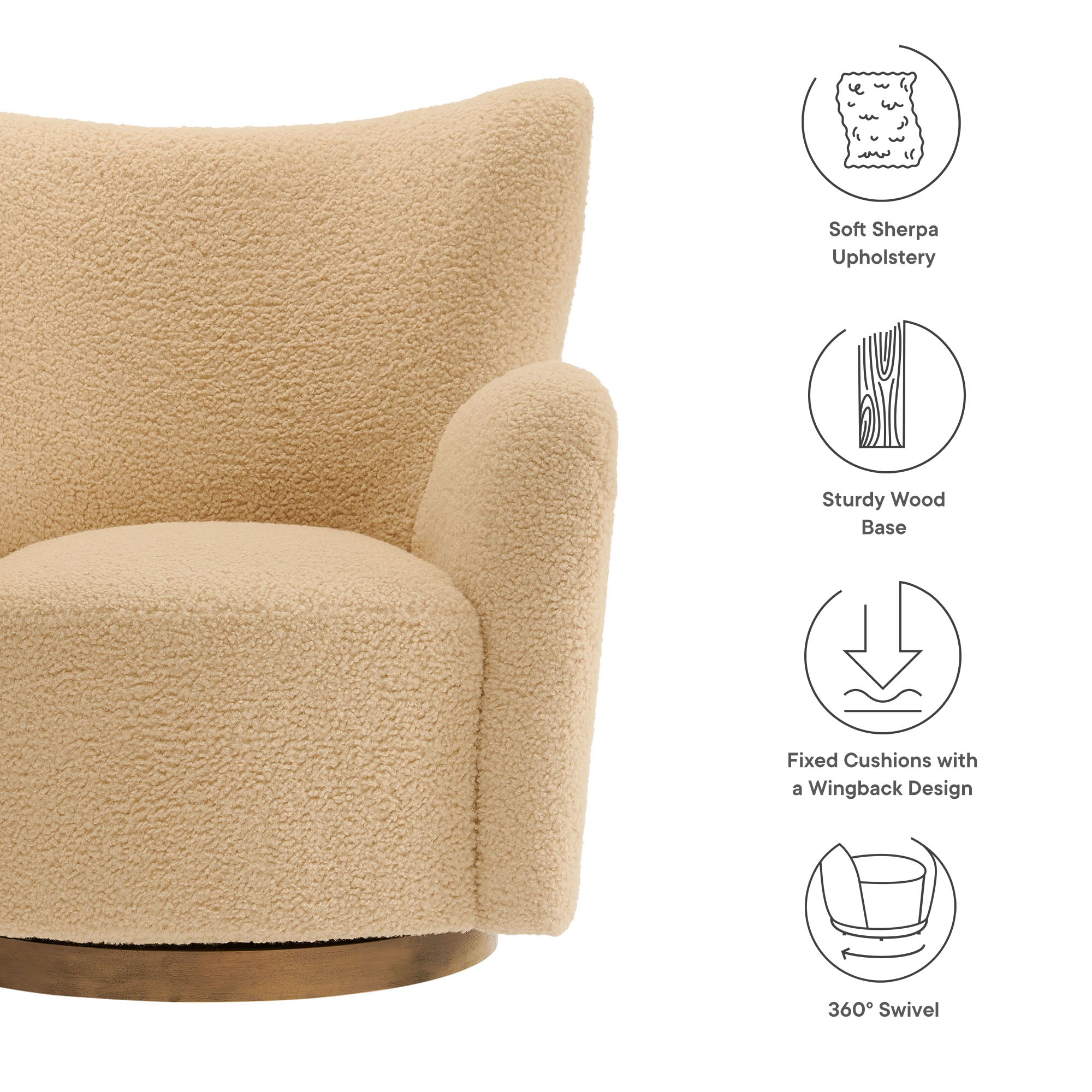 Montrose Wingback Sherpa Swivel Accent Chair, Ivory Walnut