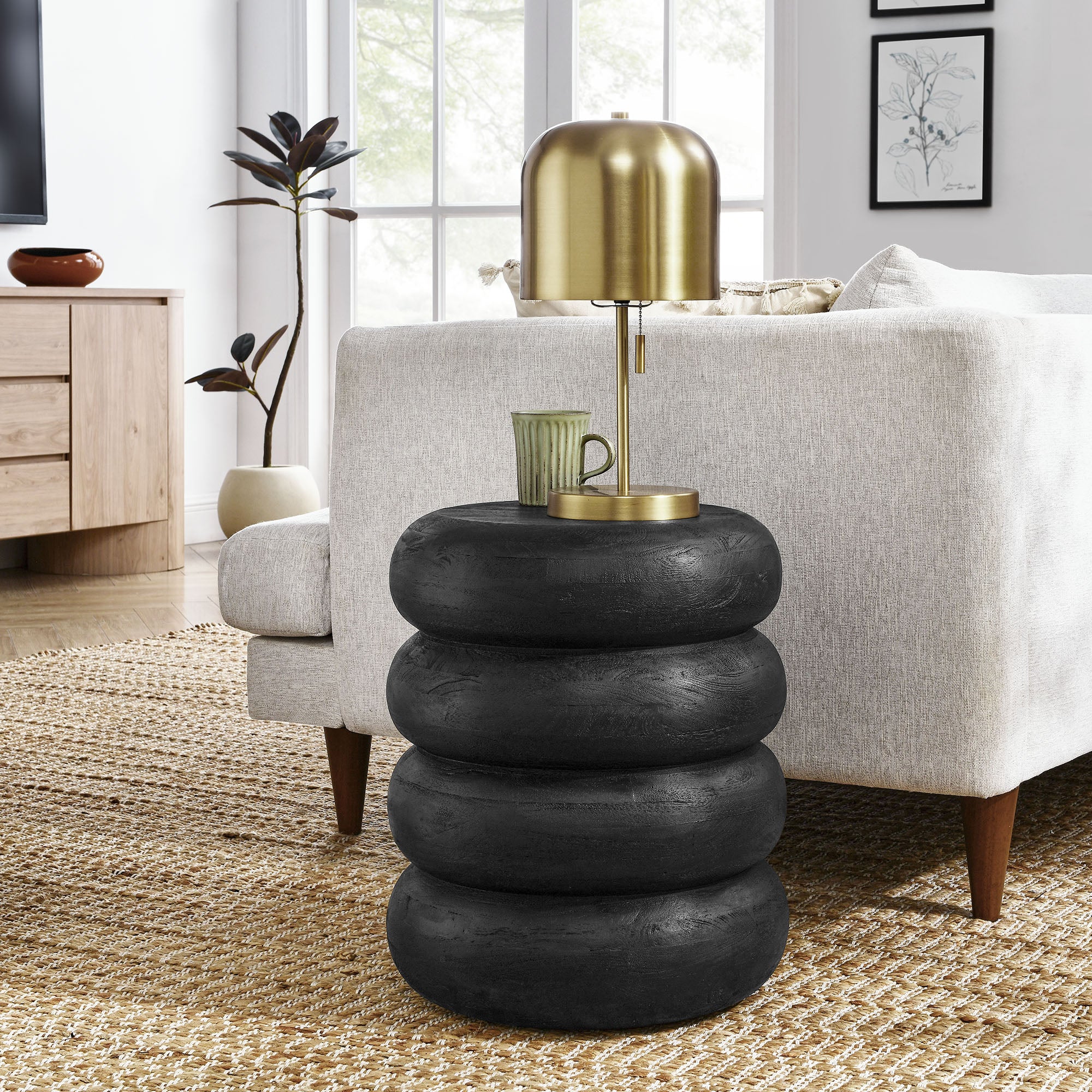 Ellery Round Stacked Wood Side Table, Wirebrush Black