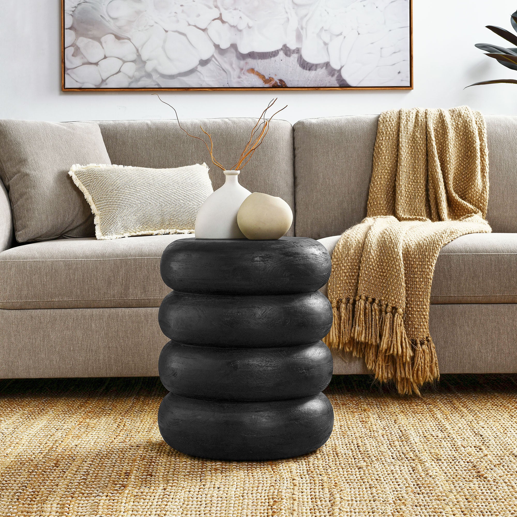 Ellery Round Stacked Wood Side Table, Wirebrush Black