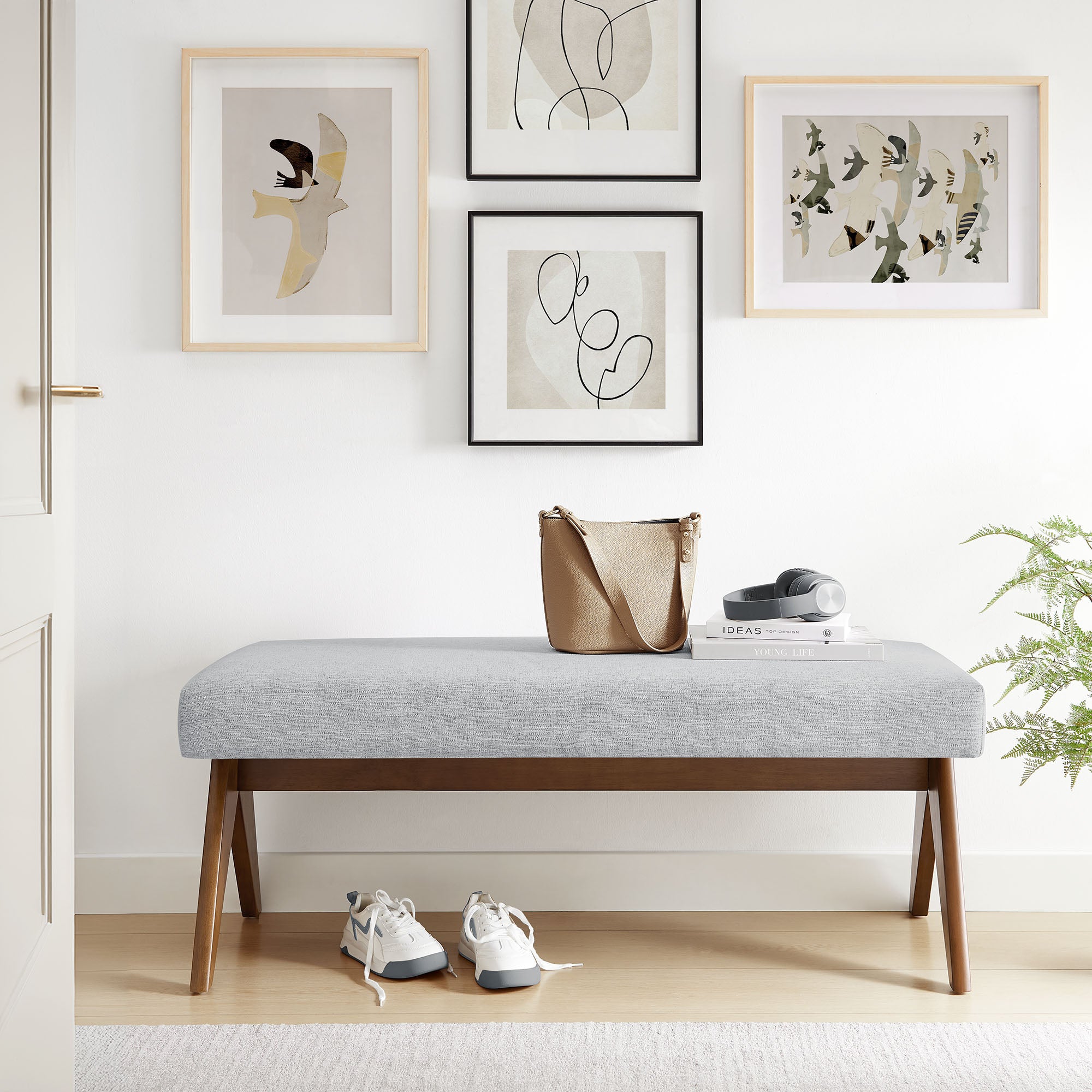 Lyra 47" Fabric Upholstered Bench, Light Gray