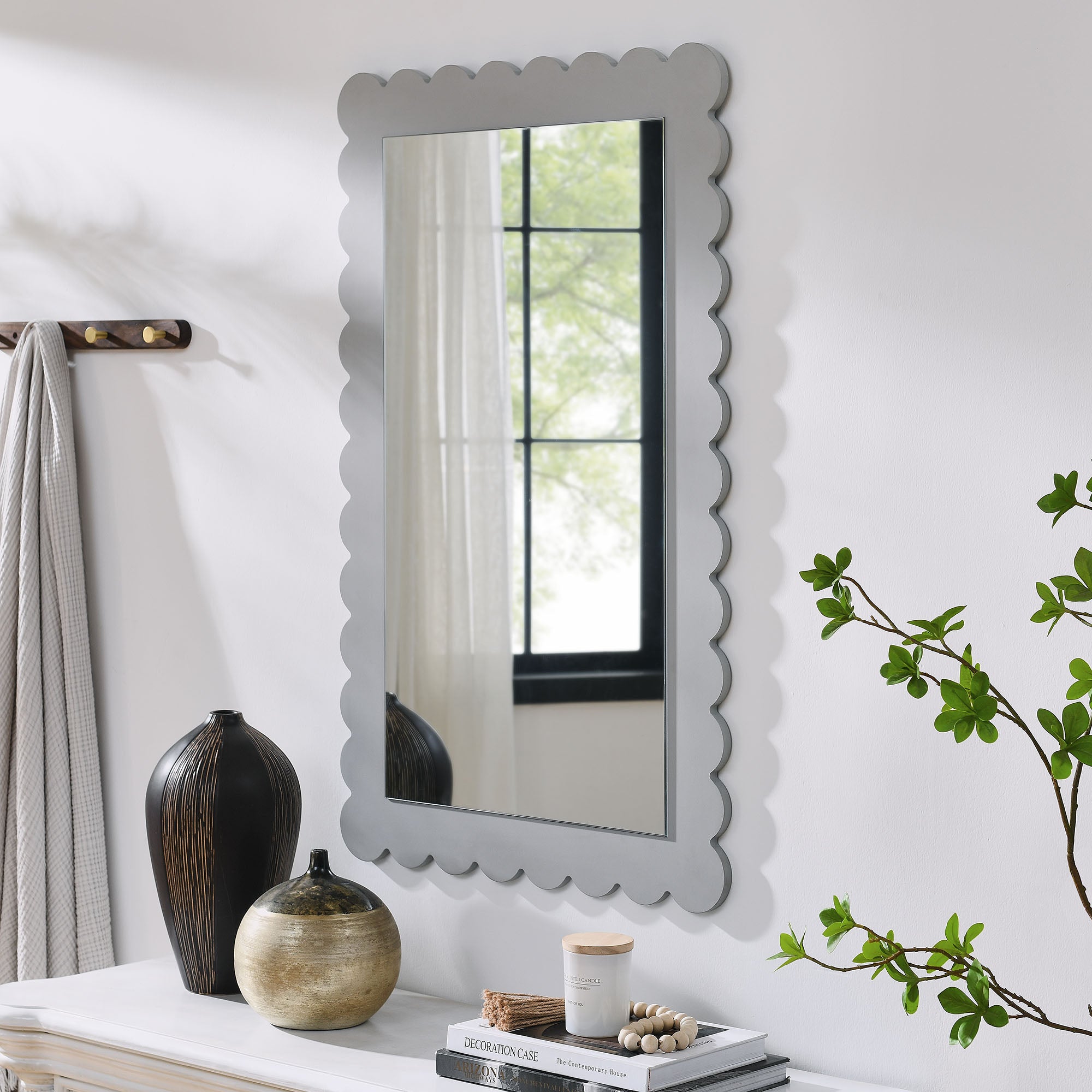 Emmeline Scalloped Rectangle Wall Mirror, Light Gray