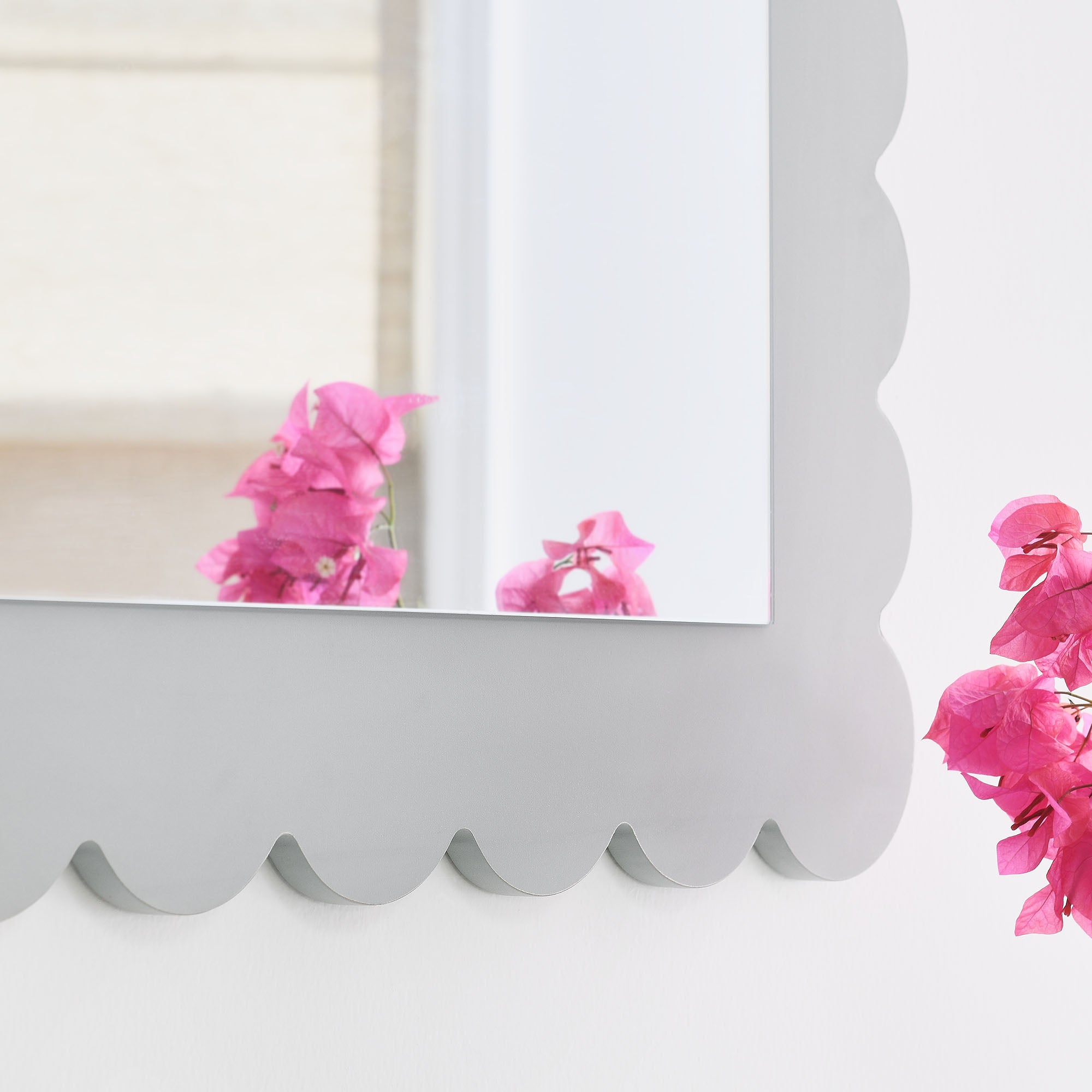 Emmeline Scalloped Rectangle Wall Mirror, Light Gray