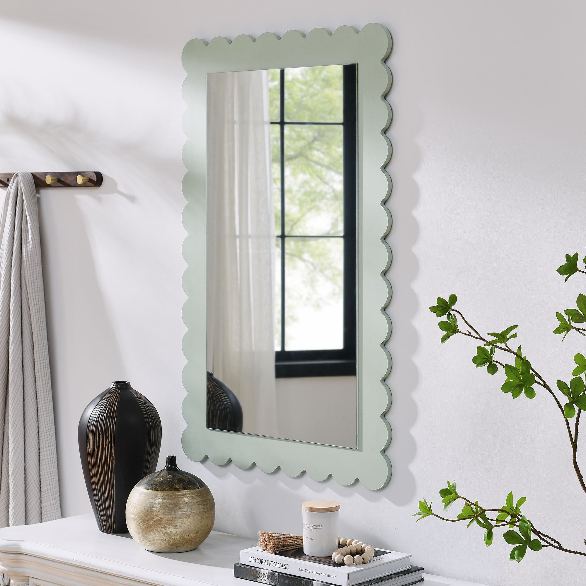 Emmeline Scalloped Rectangle Wall Mirror, Sage