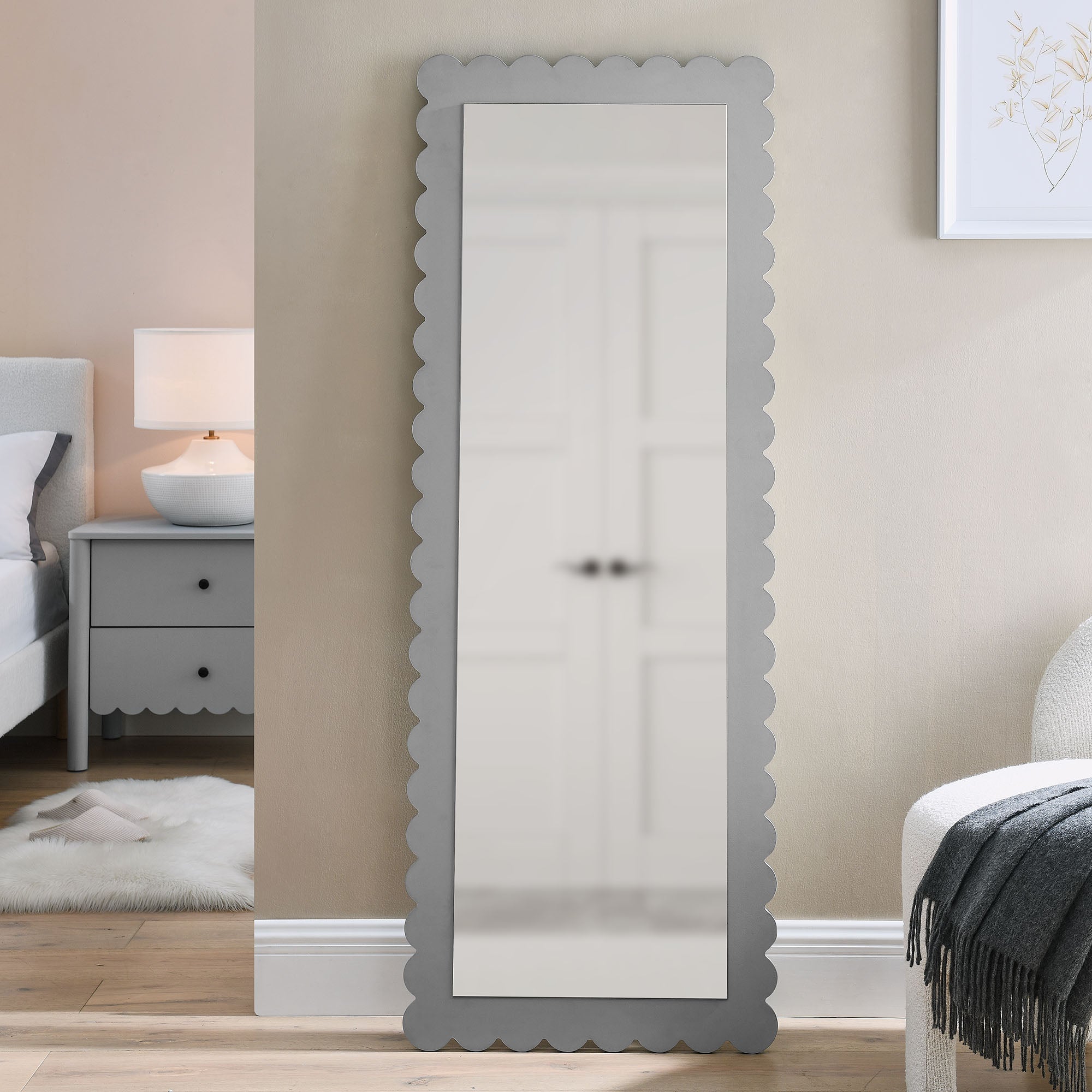 Emmeline Scalloped Rectangle Floor Mirror, Light Gray