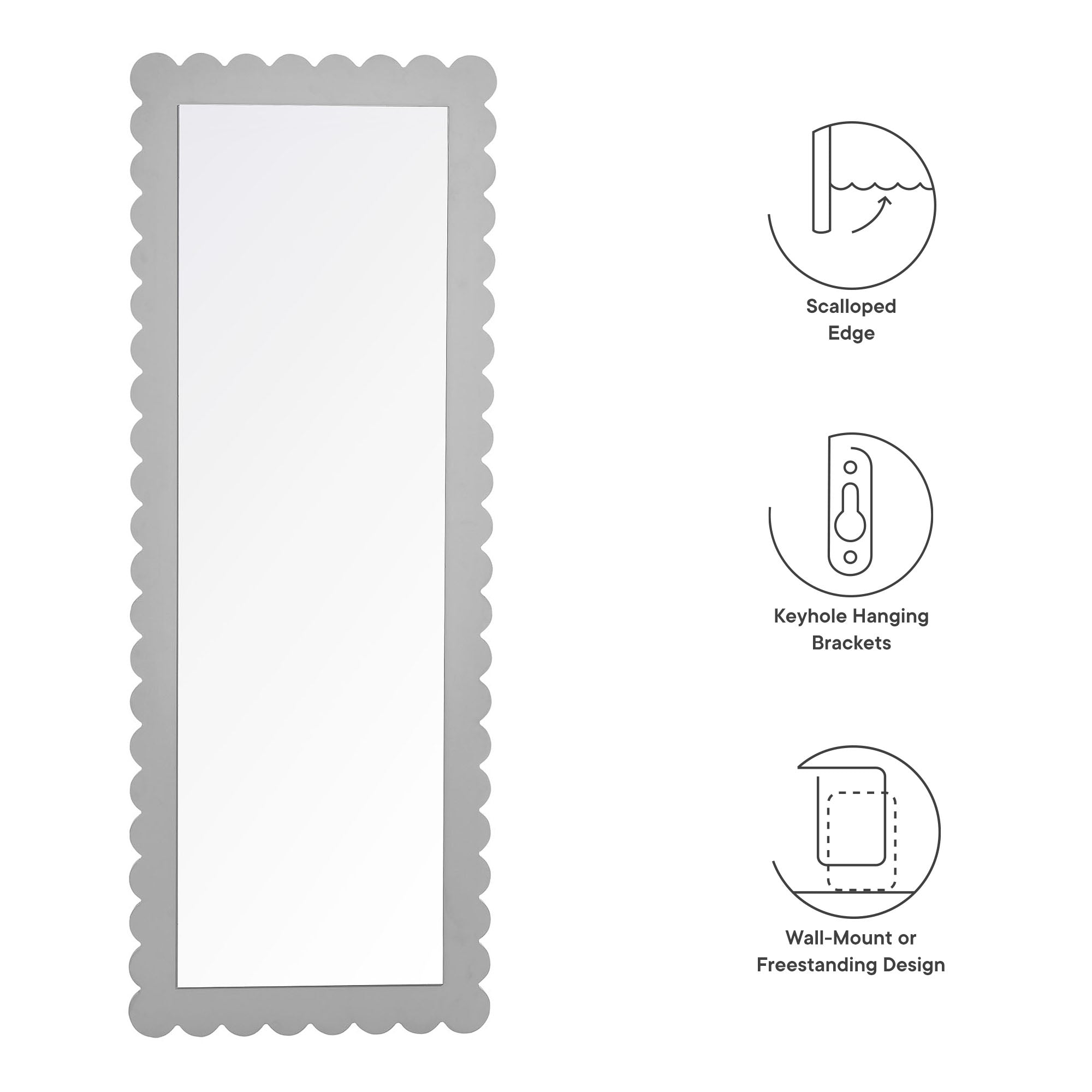 Emmeline Scalloped Rectangle Floor Mirror, Light Gray