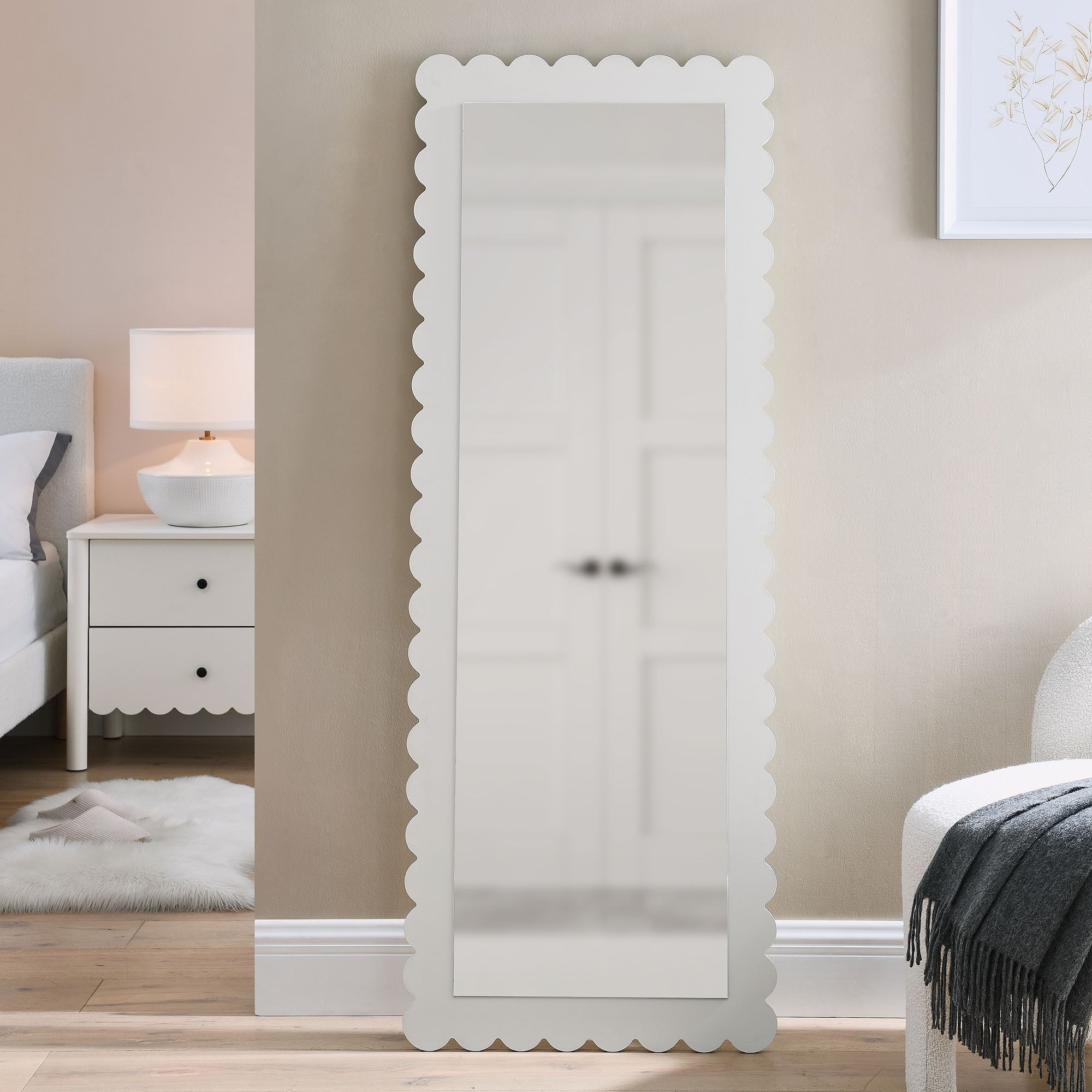 Emmeline Scalloped Rectangle Floor Mirror, White