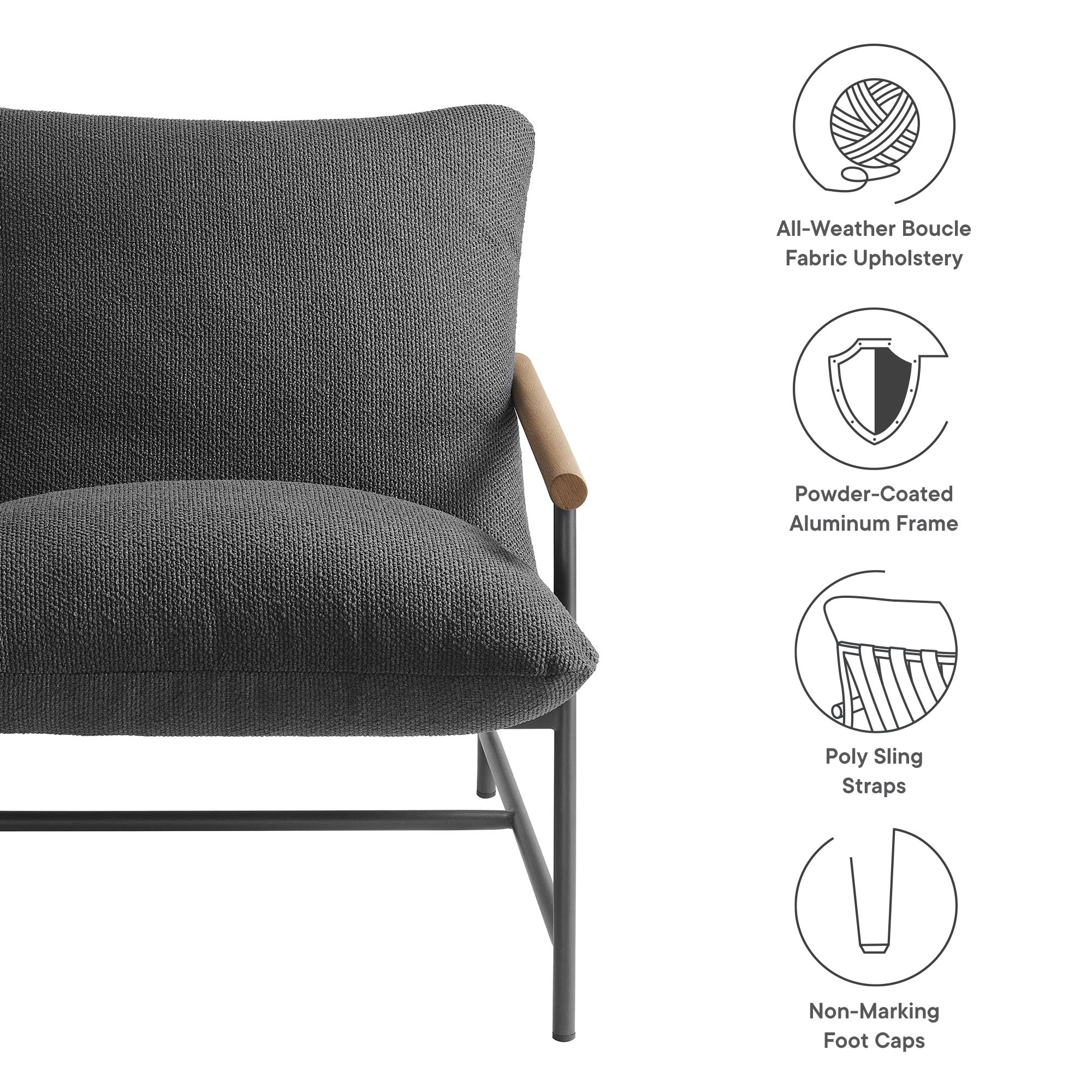 Raya Outdoor Patio Boucle Sling Lounge Chair, Charcoal