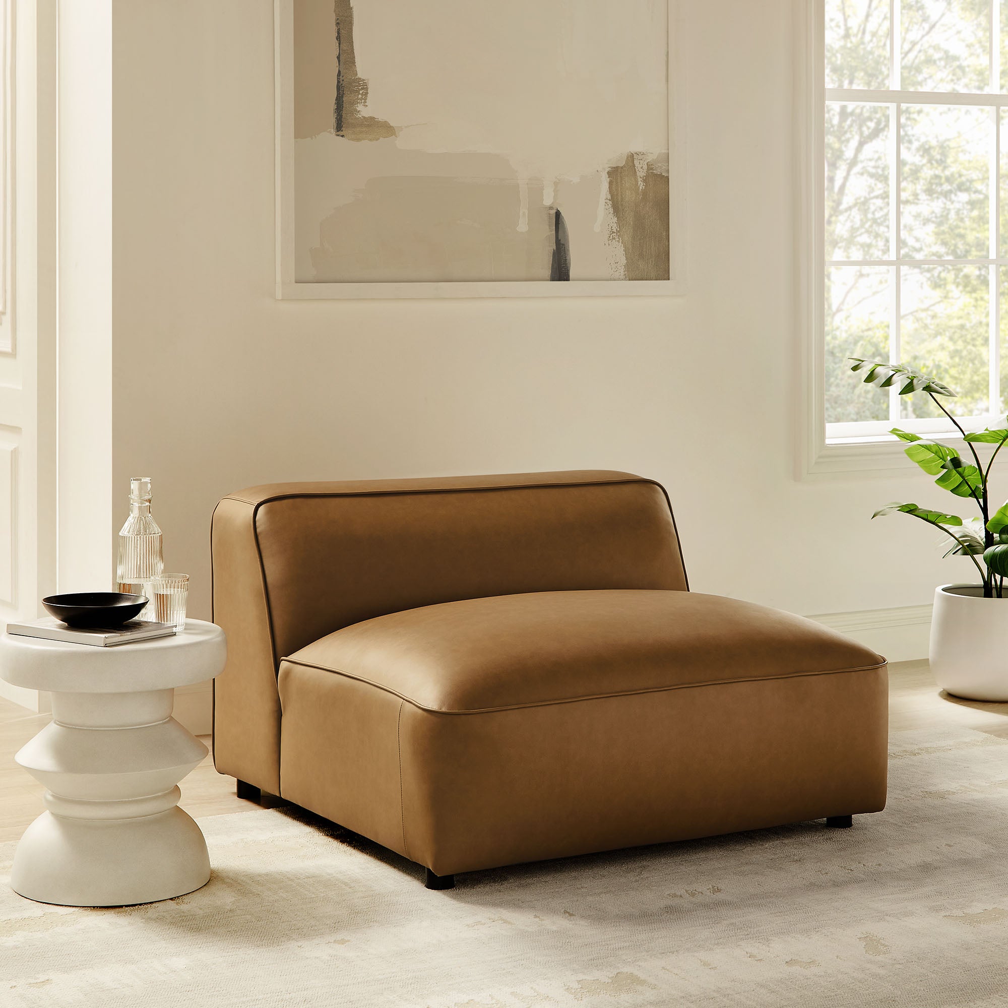 Auren Upholstered Vegan Leather Modular Armless Chair, Camel