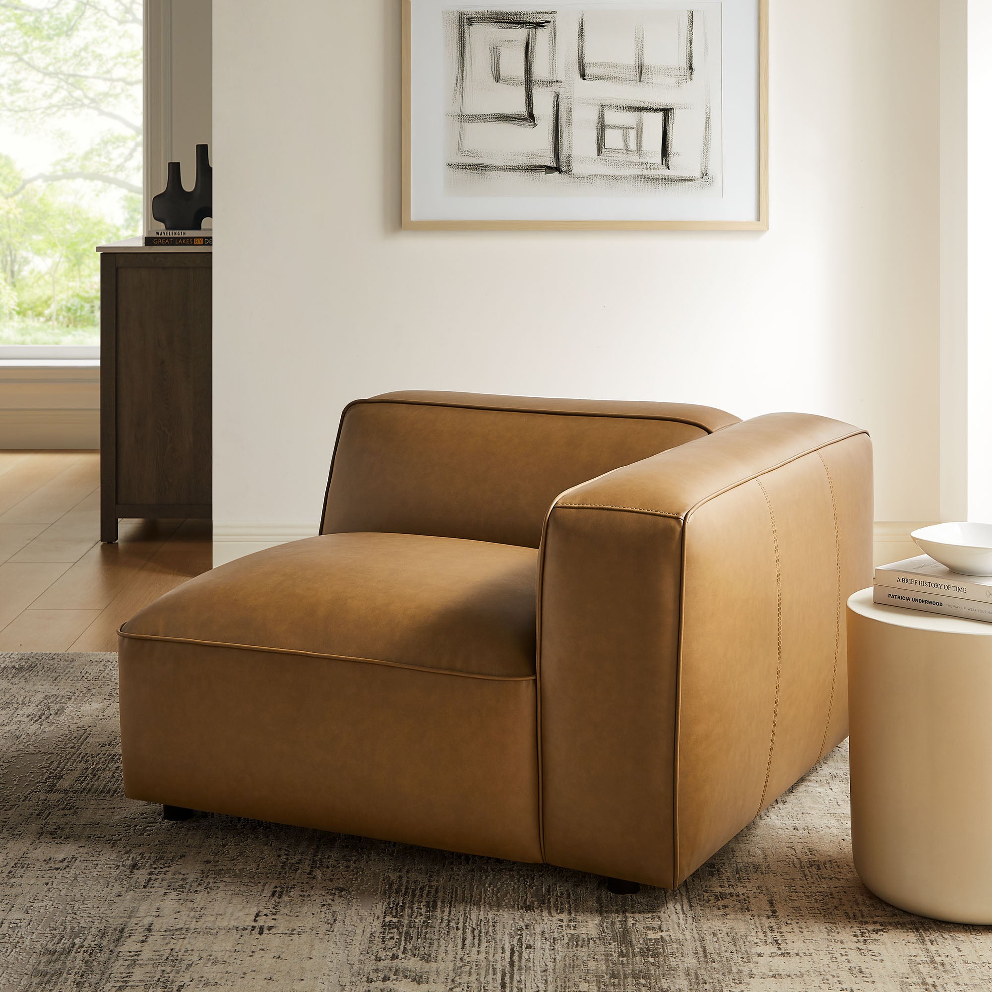 Auren Upholstered Vegan Leather Modular Right Armchair, Camel