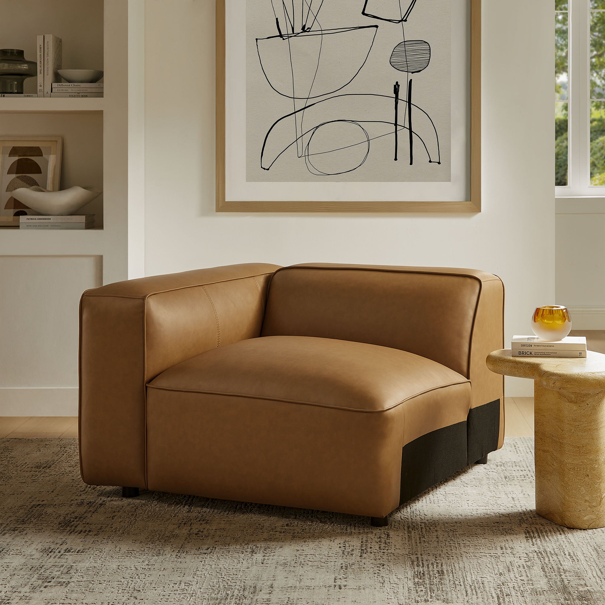 Auren Upholstered Vegan Leather Modular Left Armchair, Camel