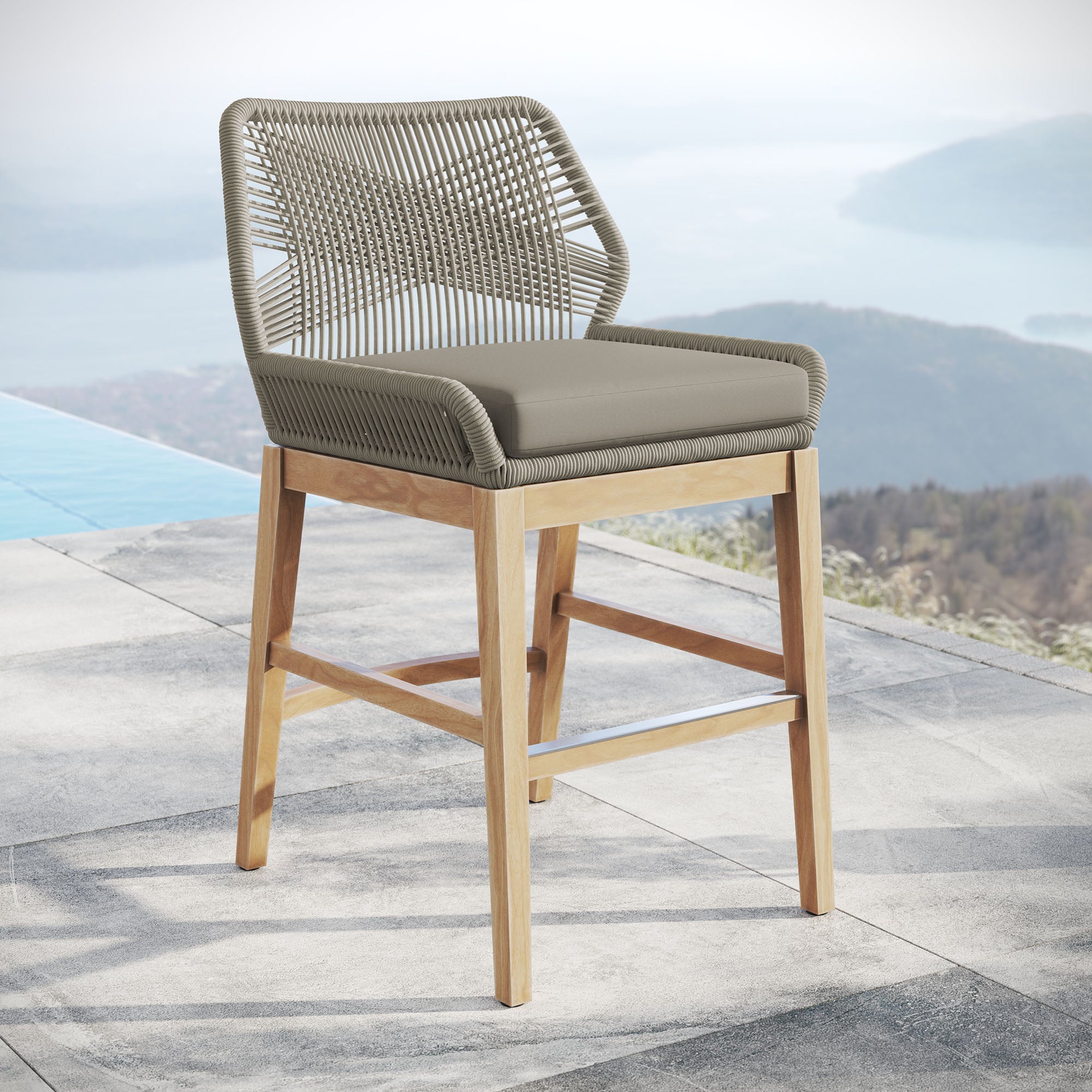 Wellspring Outdoor Patio Teak and Rope Counter Stool, Light Gray Greige