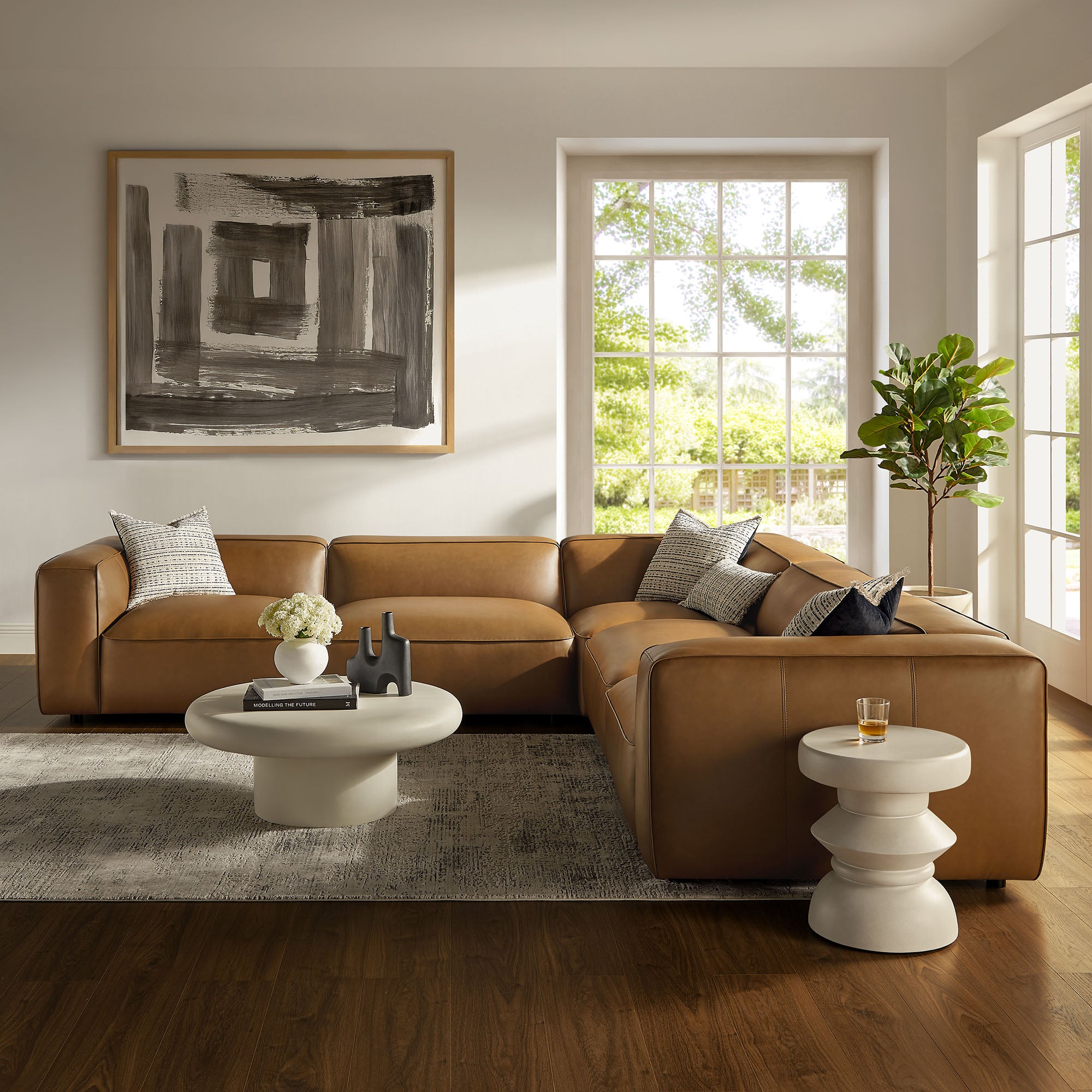 Auren 5-Piece Upholstered Vegan Leather Modular L-Shaped Sofa, Camel