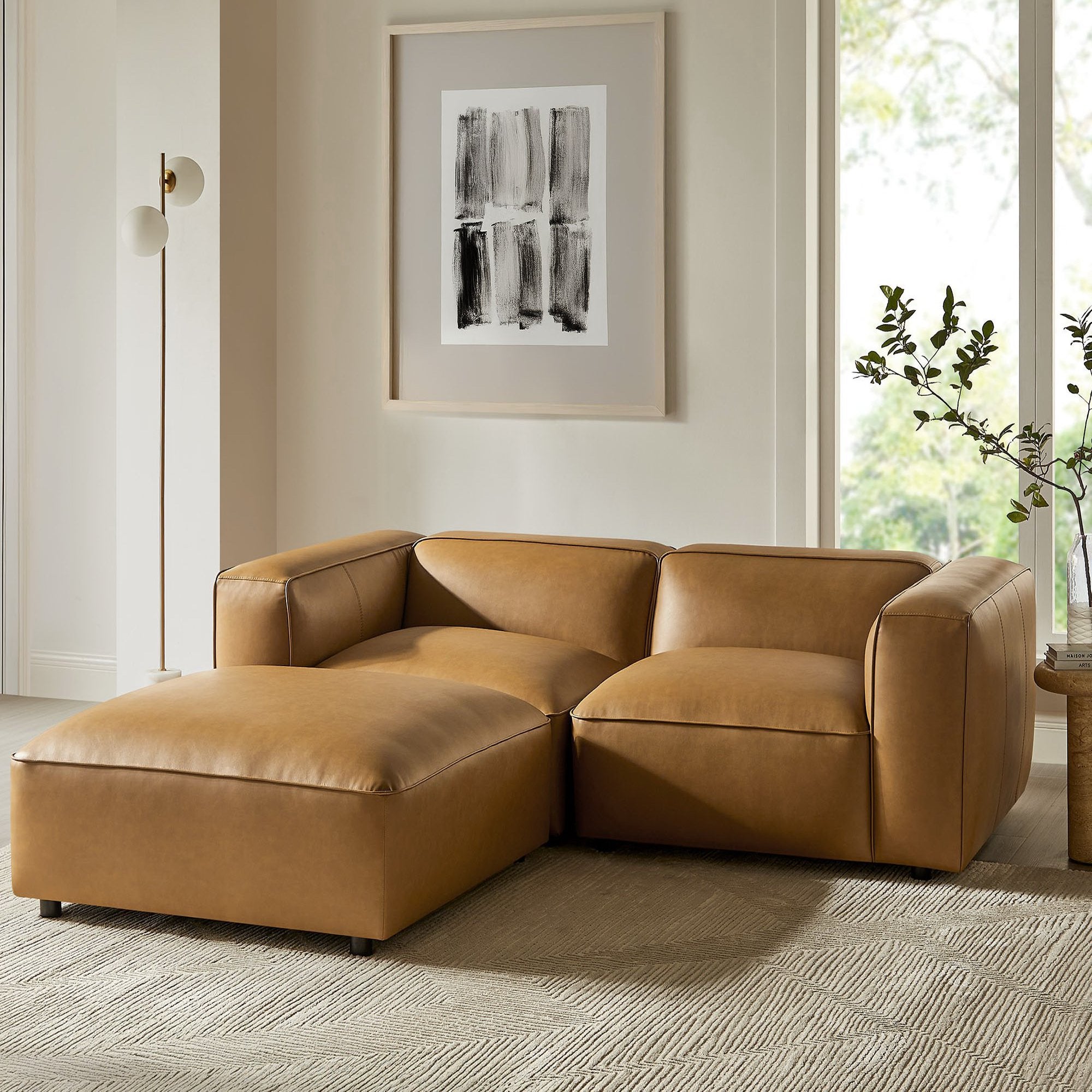 Auren 3-Piece Upholstered Vegan Leather Modular Loveseat with Ottoman, Camel