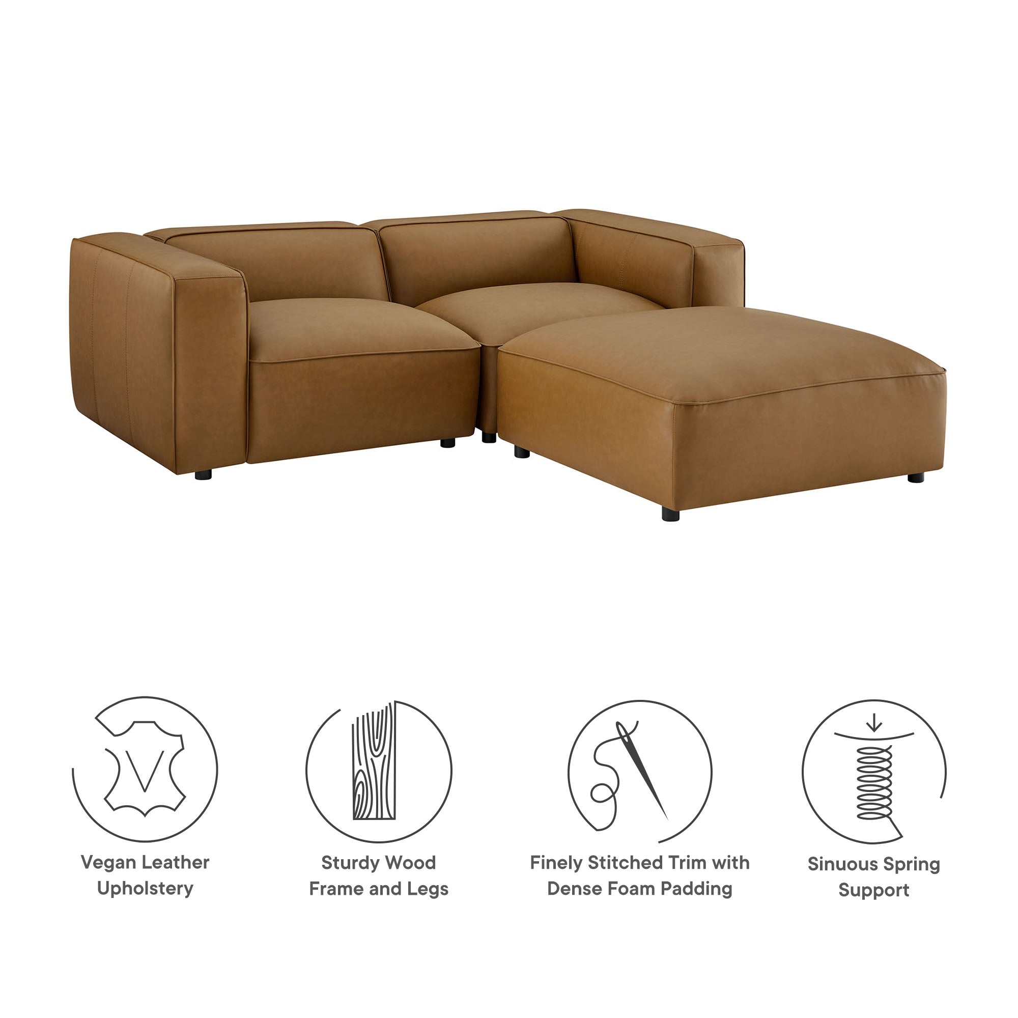 Auren 3-Piece Upholstered Vegan Leather Modular Loveseat with Ottoman, Camel