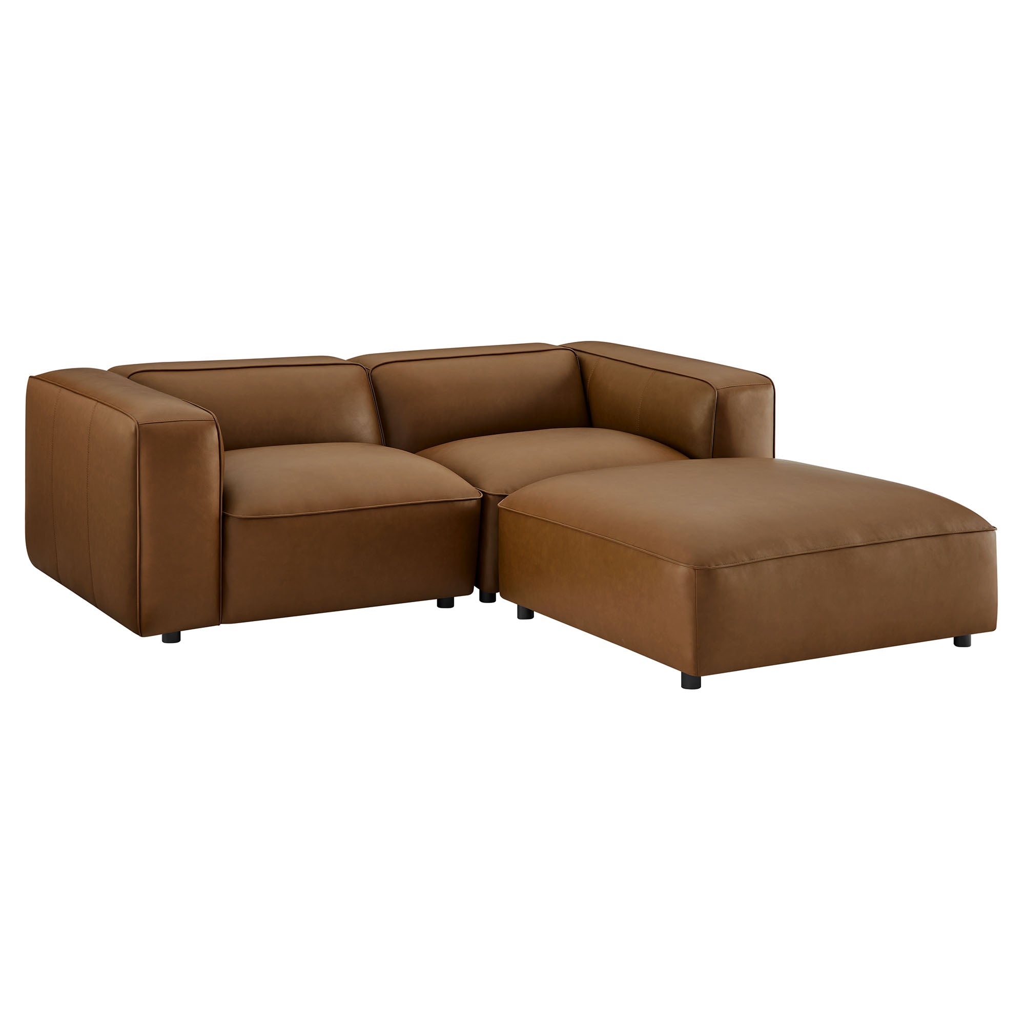 Auren 3-Piece Upholstered Vegan Leather Modular Loveseat with Ottoman, Coffee