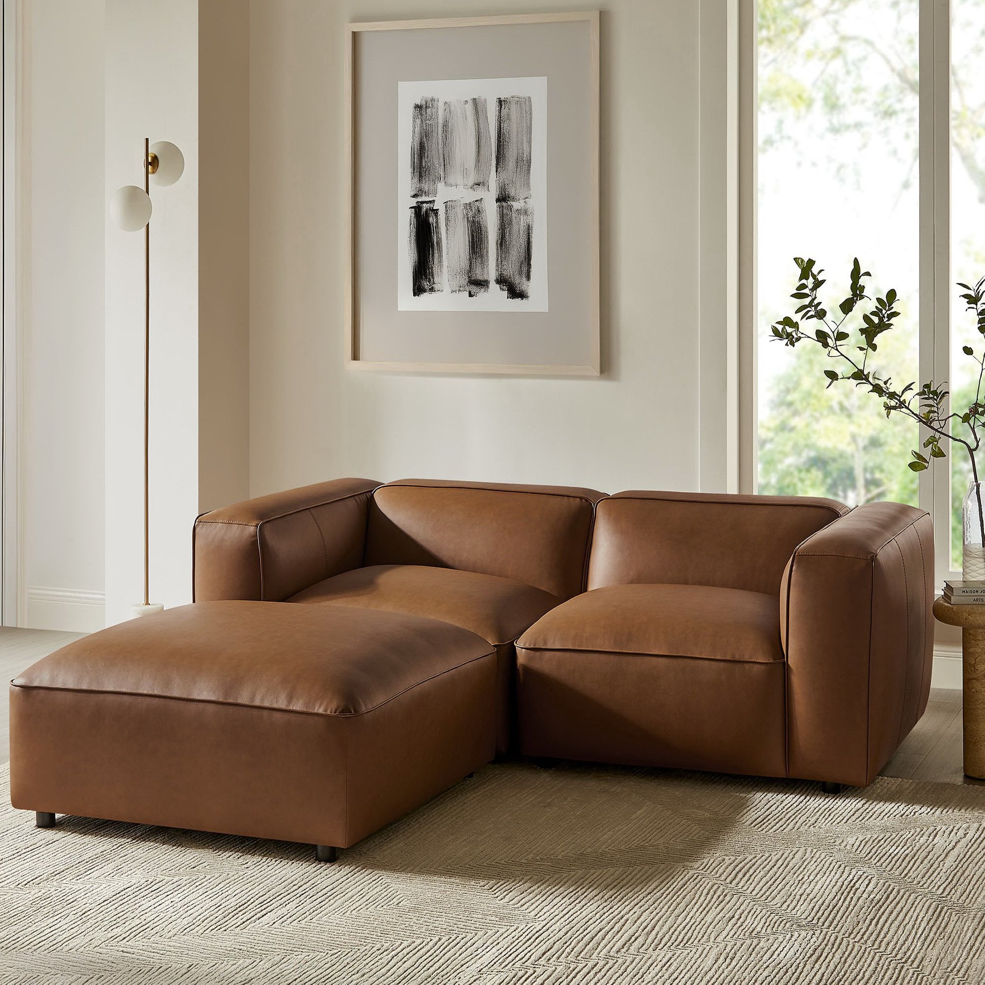 Auren 3-Piece Upholstered Vegan Leather Modular Loveseat with Ottoman, Coffee