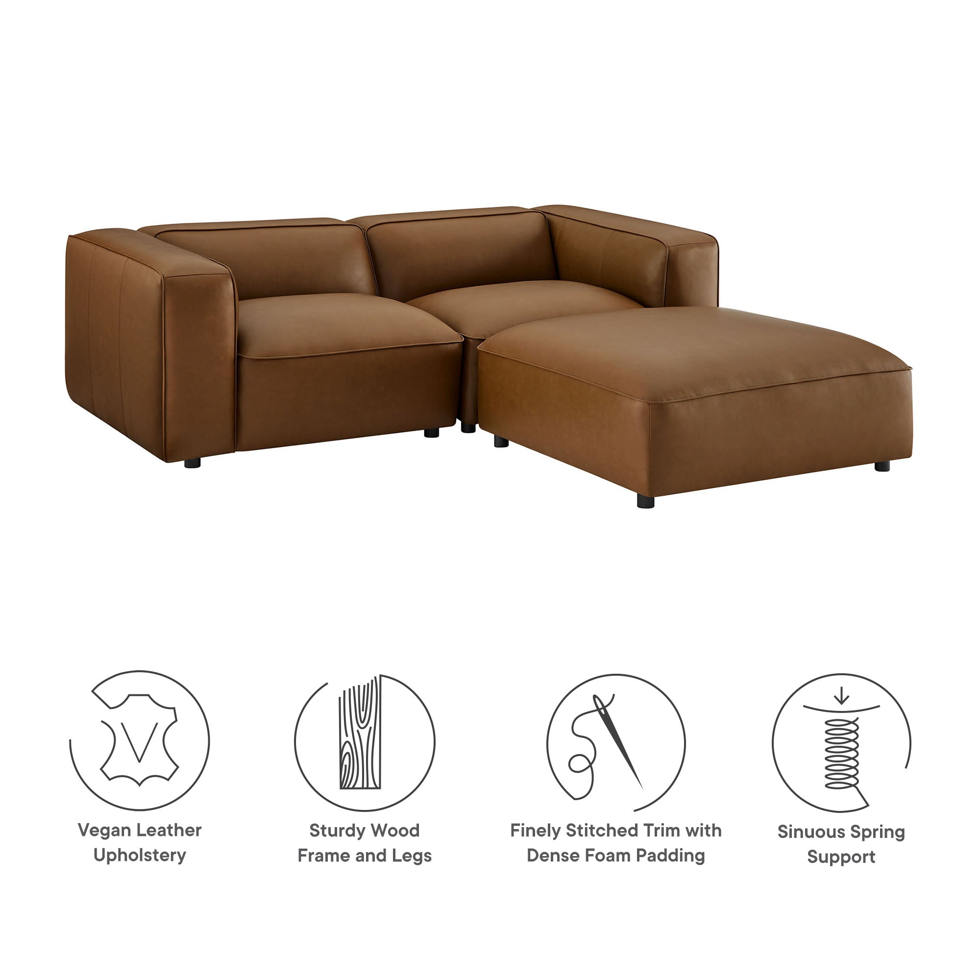 Auren 3-Piece Upholstered Vegan Leather Modular Loveseat with Ottoman, Coffee