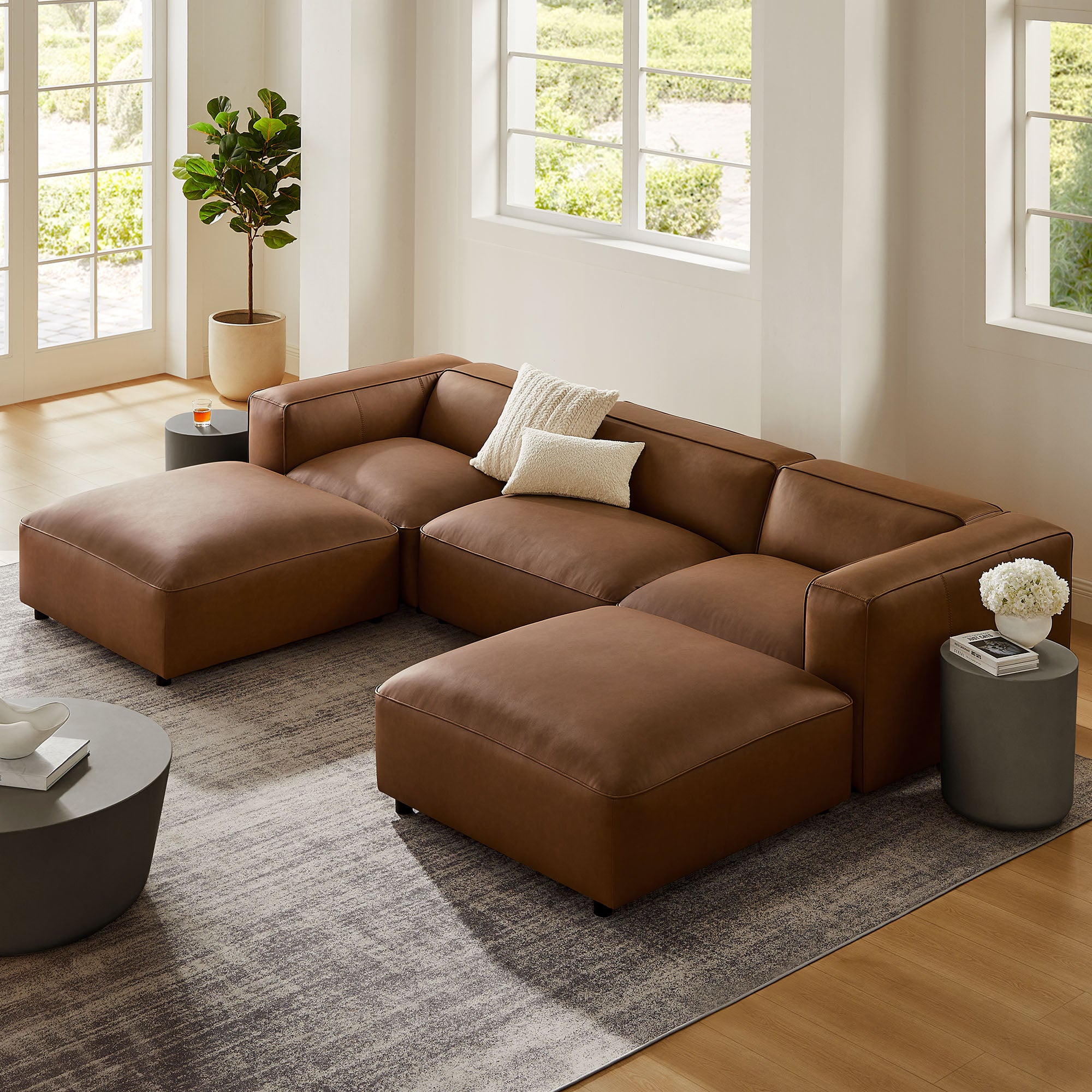 Auren 5-Piece Upholstered Vegan Leather Modular U-Shaped Sofa, Coffee