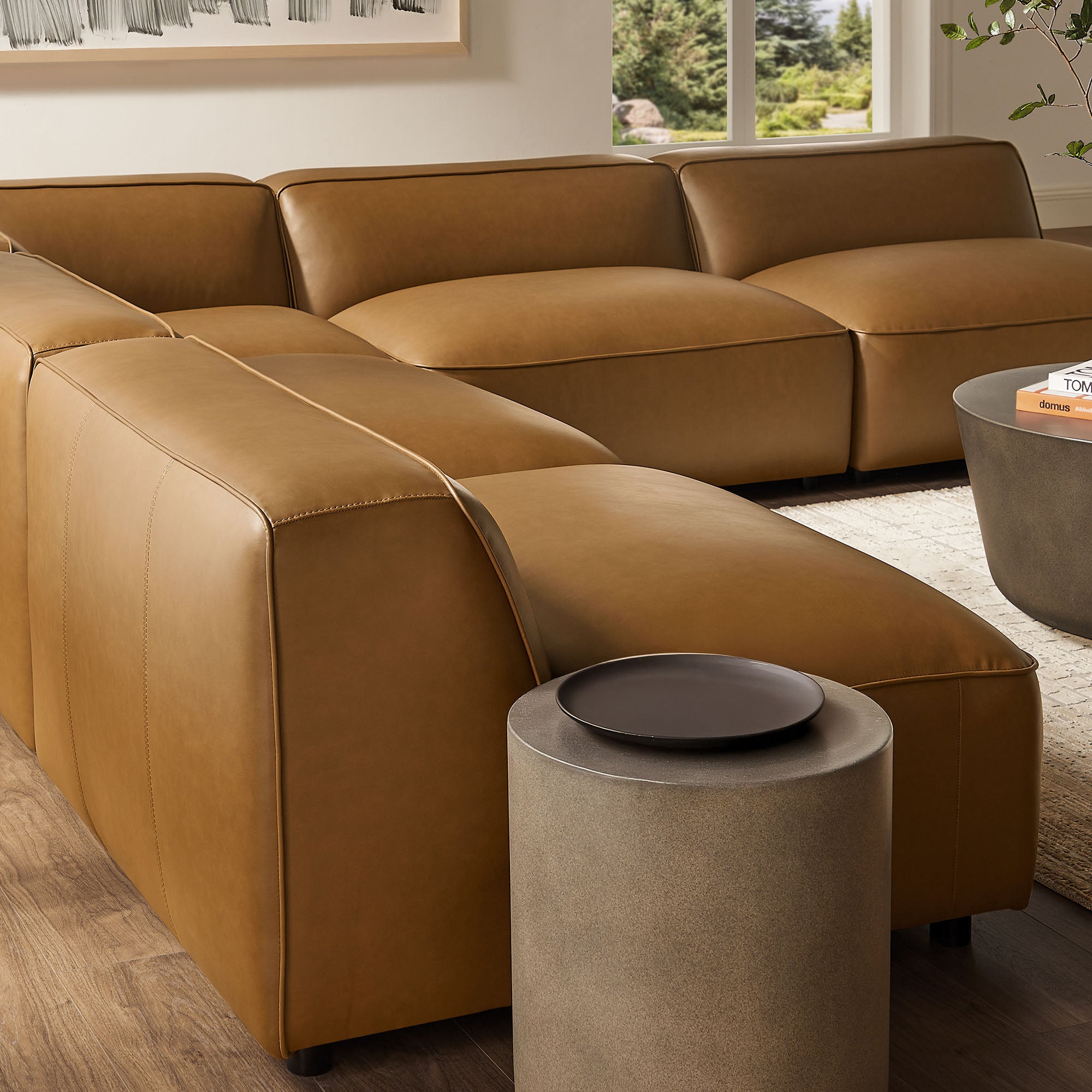 Auren 5-Piece Upholstered Armless L-Shaped Vegan Leather Modular Sofa, Camel