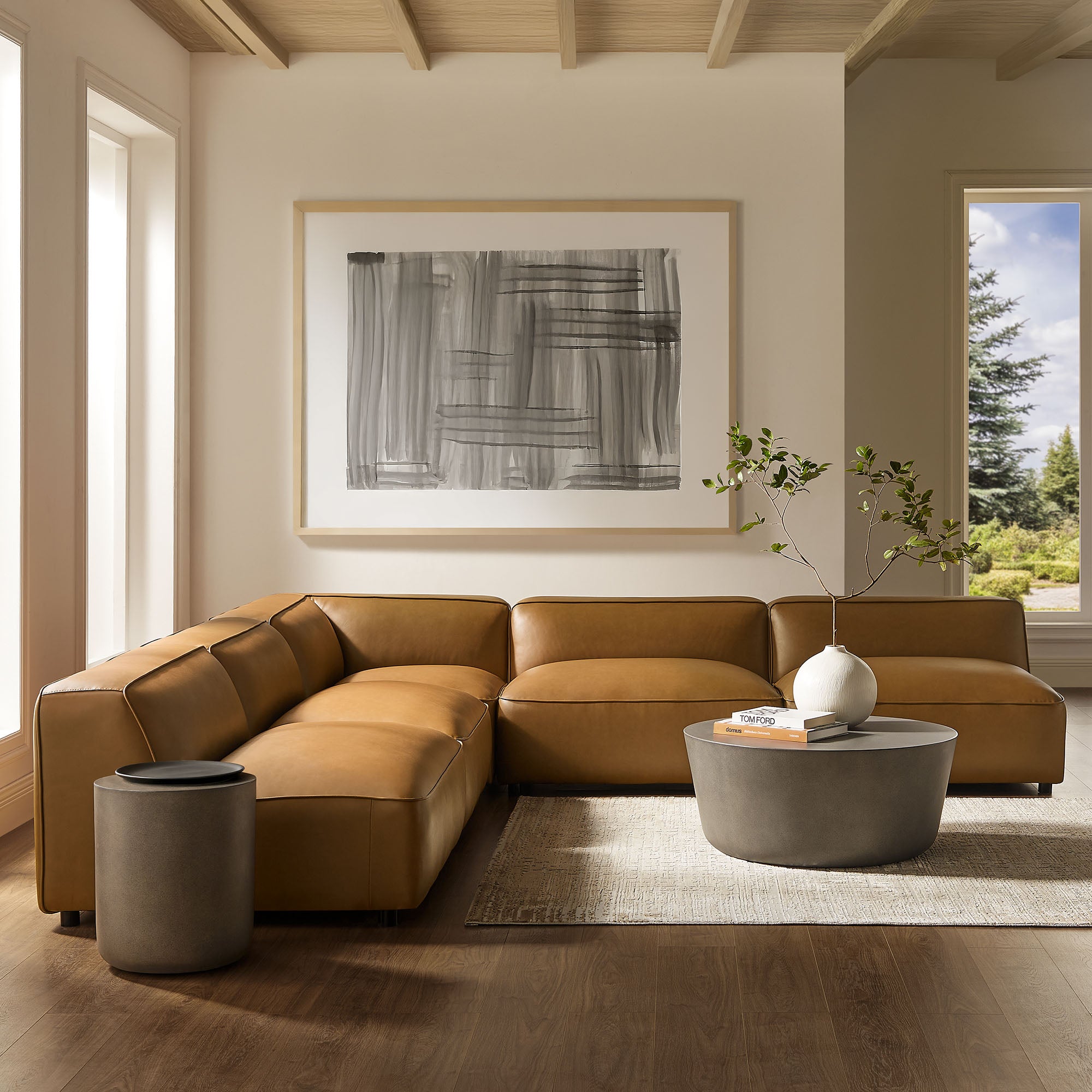 Auren 5-Piece Upholstered Armless L-Shaped Vegan Leather Modular Sofa, Camel