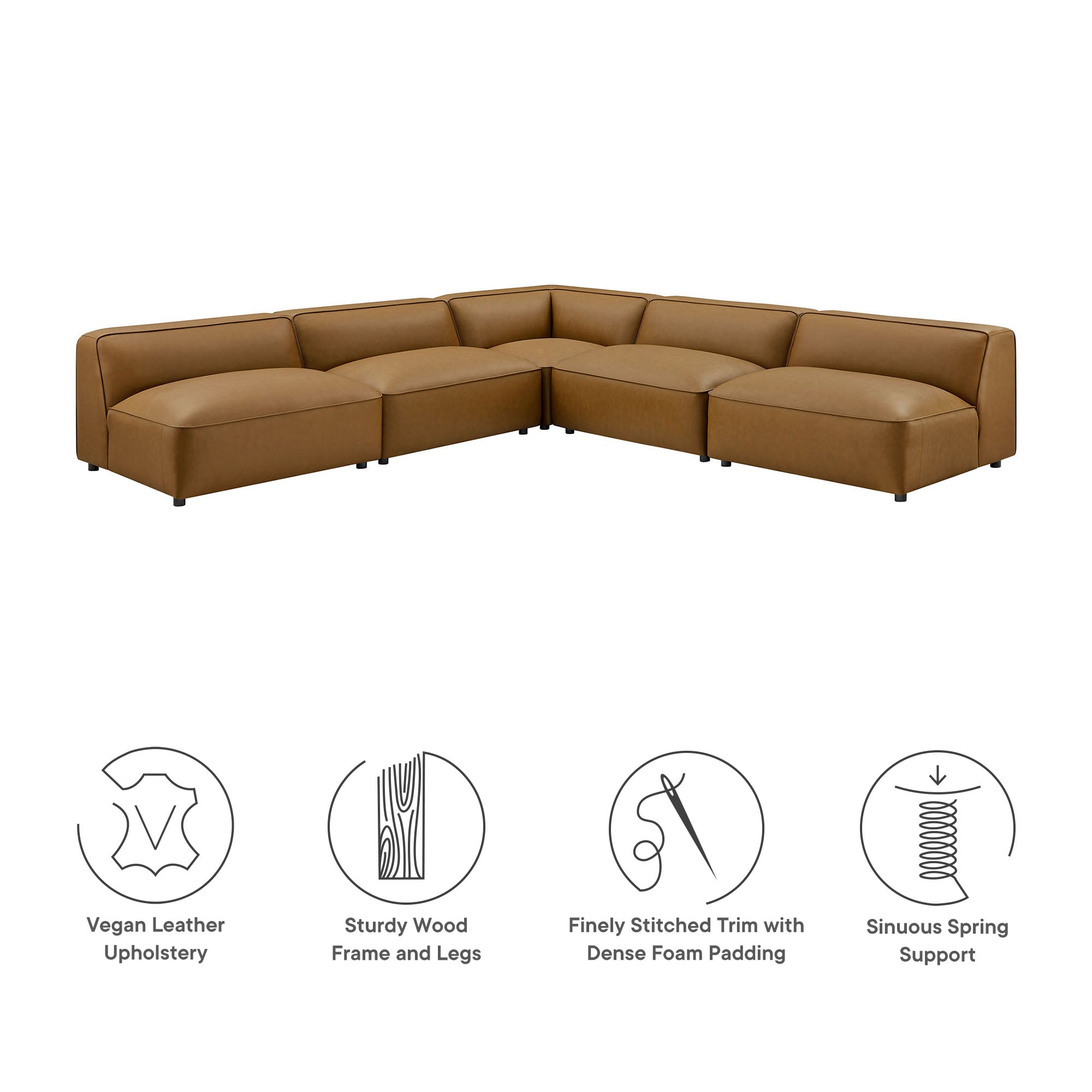 Auren 5-Piece Upholstered Armless L-Shaped Vegan Leather Modular Sofa, Camel