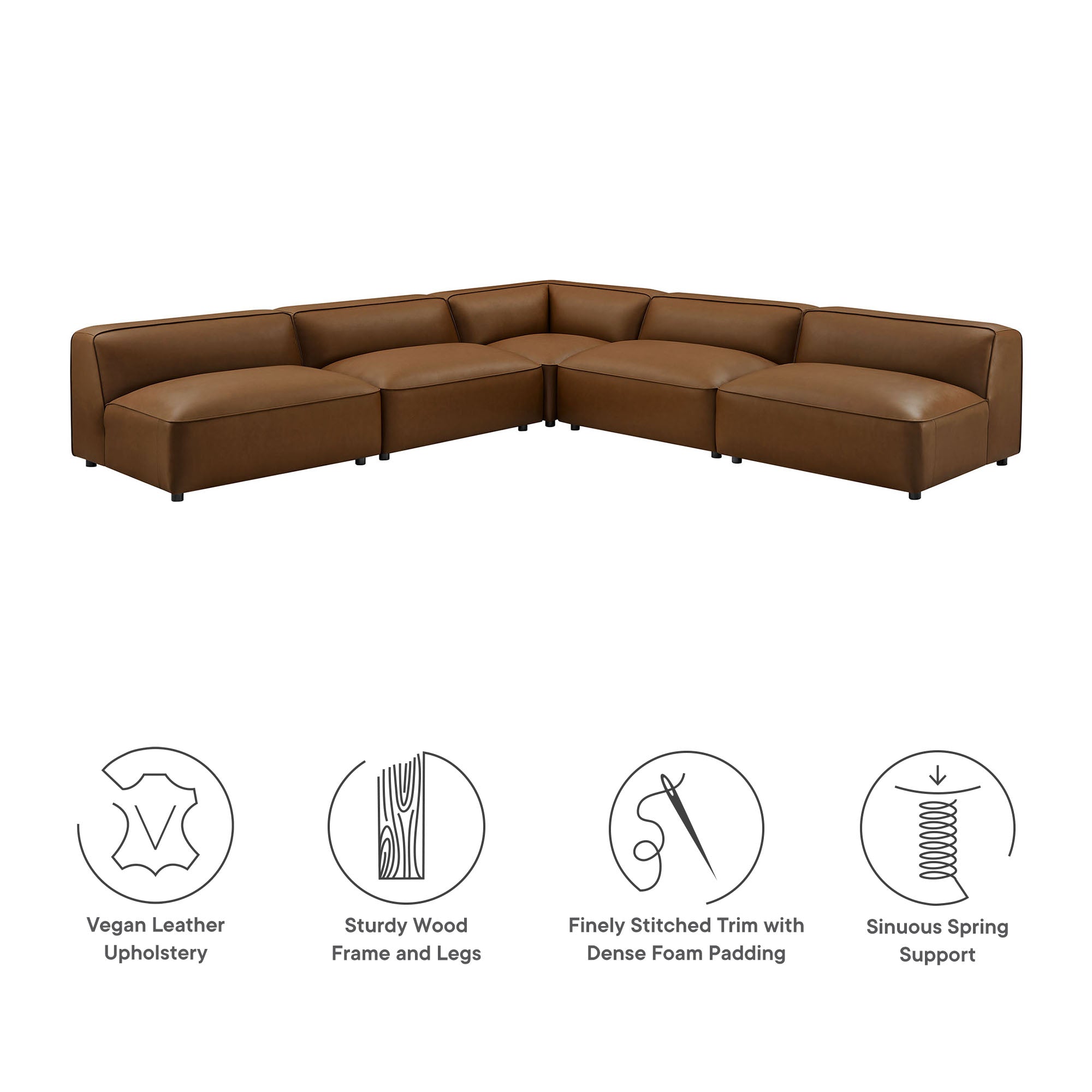 Auren 5-Piece Upholstered Armless L-Shaped Vegan Leather Modular Sofa, Coffee