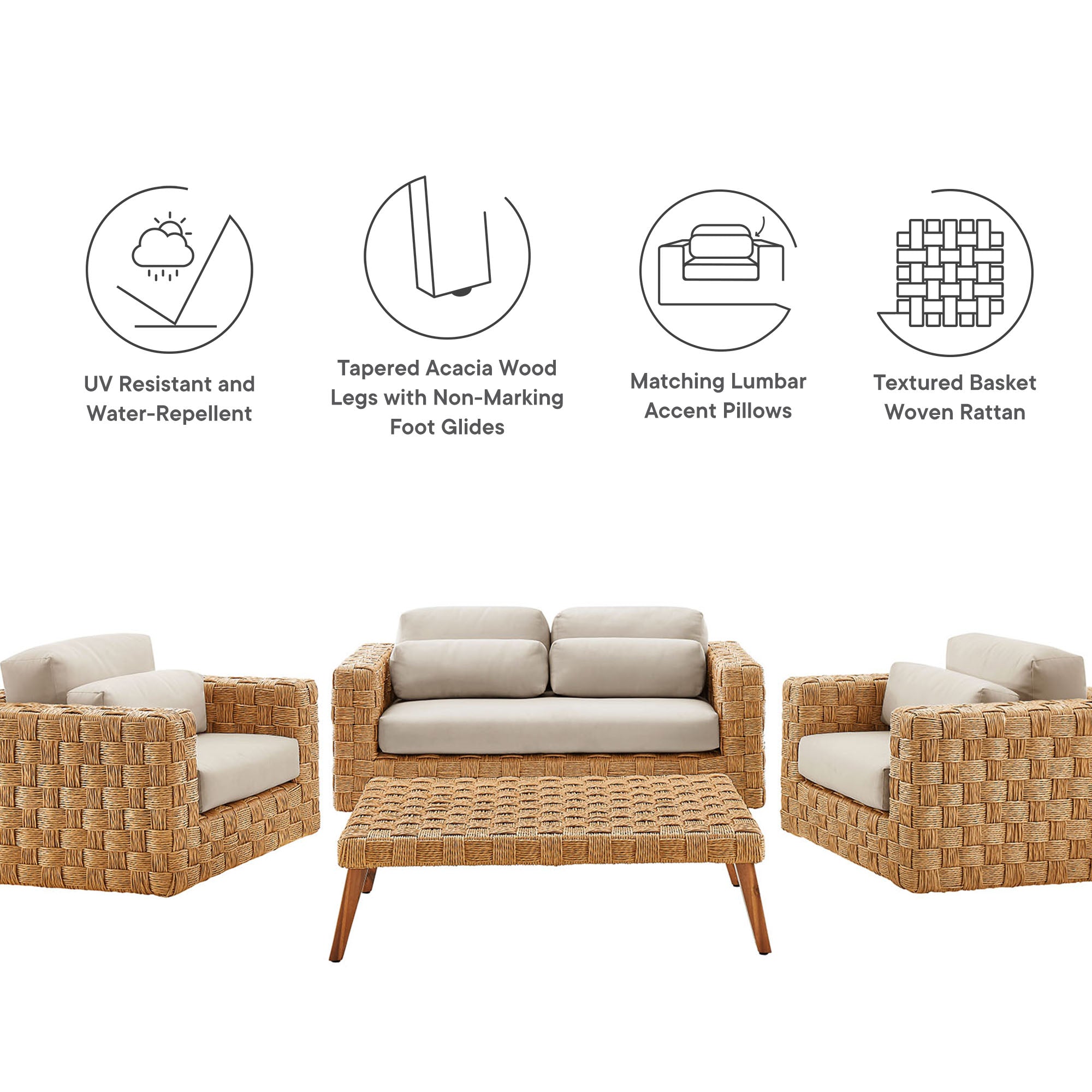 Thames 4-Piece Outdoor Patio Wicker Outdoor Patio Rattan Furniture Set, Natural Light Gray
