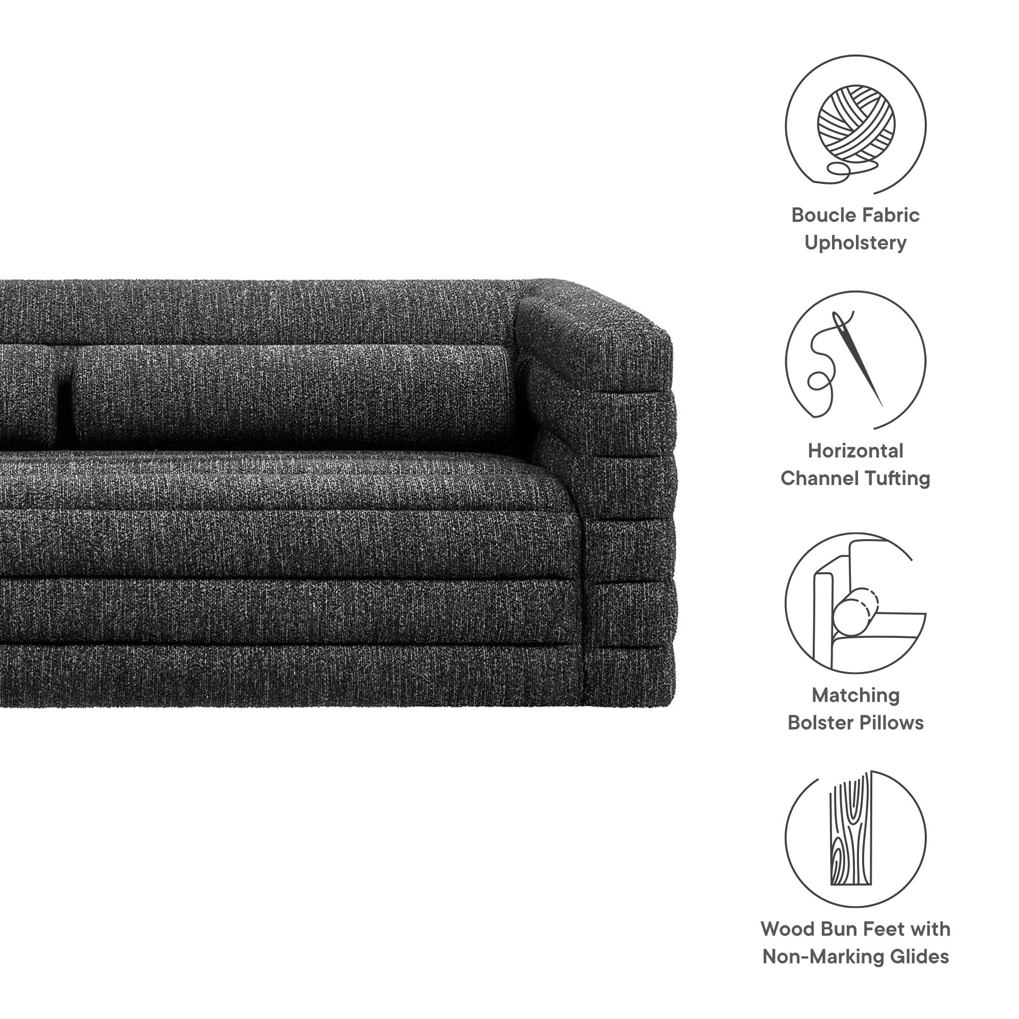 Relle Channel Tufted Boucle Upholstered Sofa, Charcoal