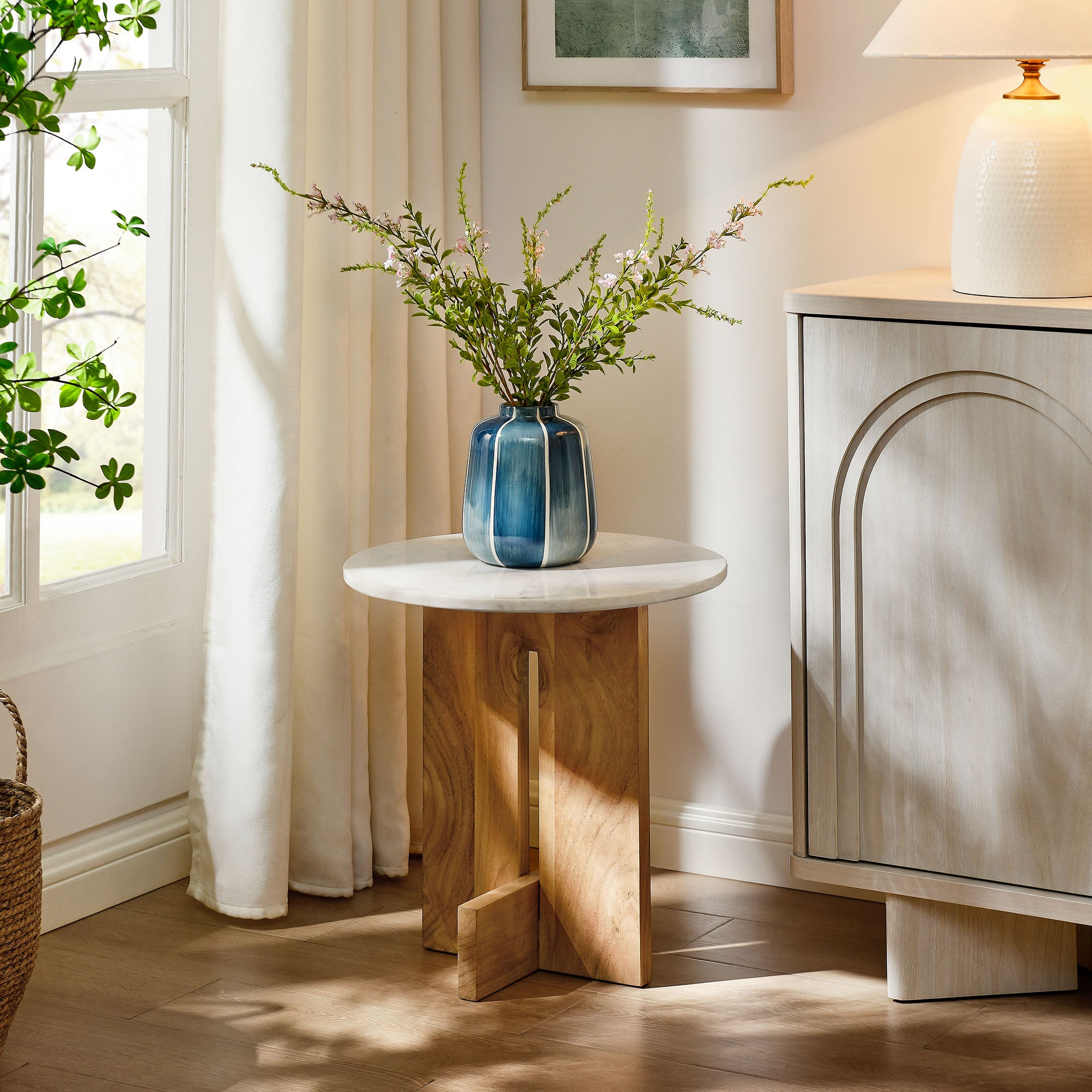 Tarin Acacia Wood and Marble Side Table, Natural