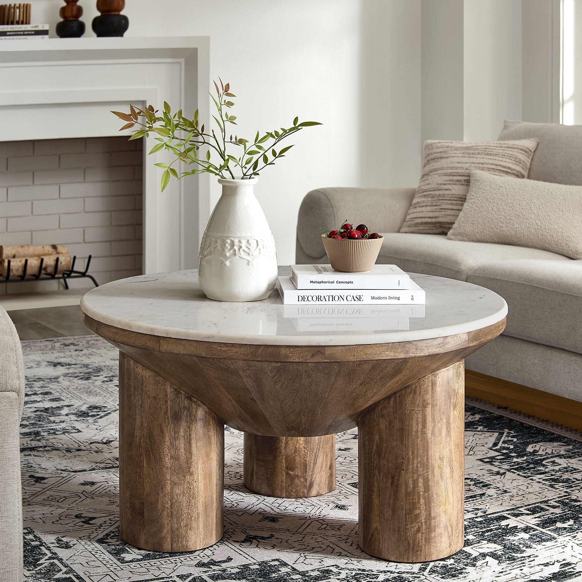Ellison 33" Round Wood Coffee Table With Marble Top, Walnut