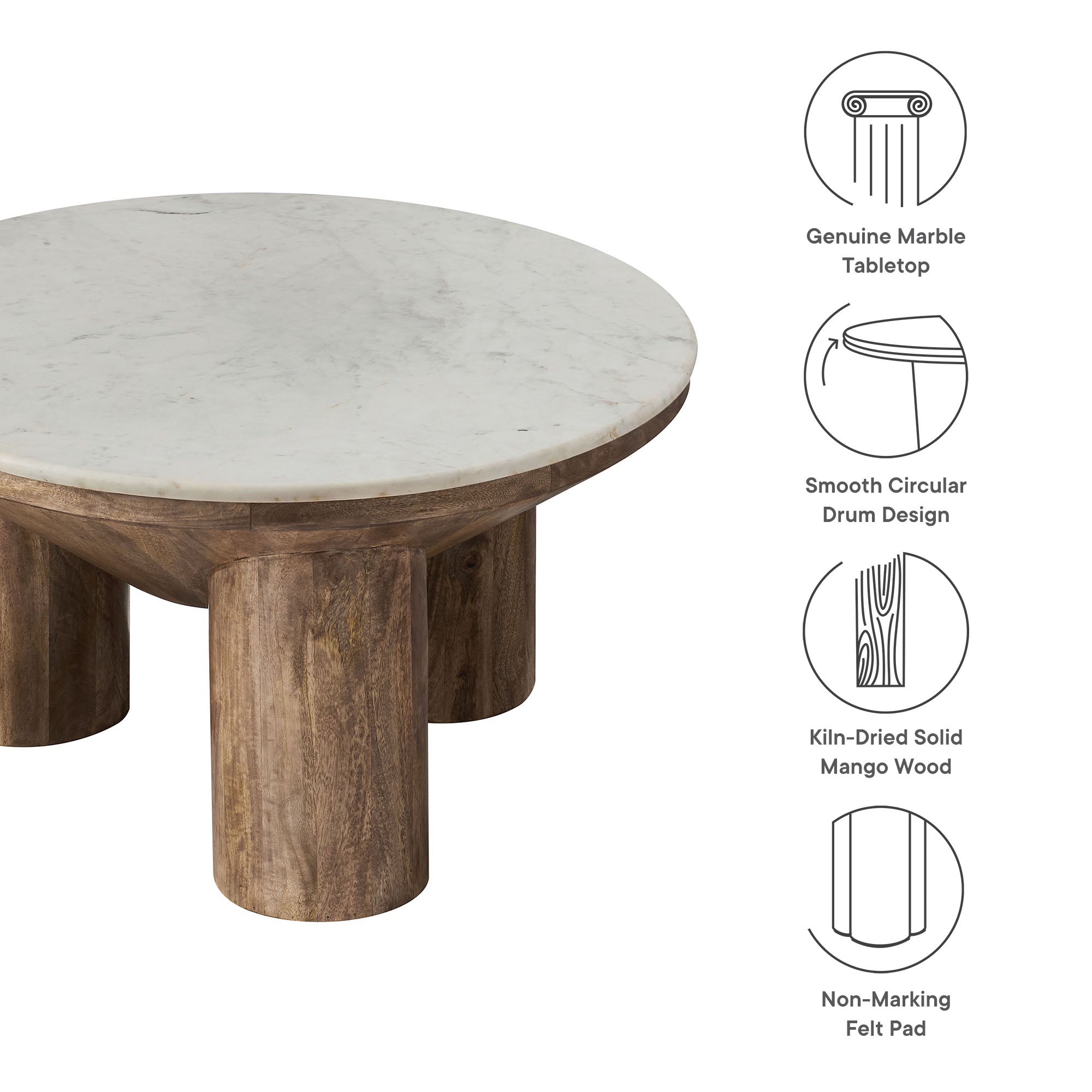 Ellison 33" Round Wood Coffee Table With Marble Top, Walnut