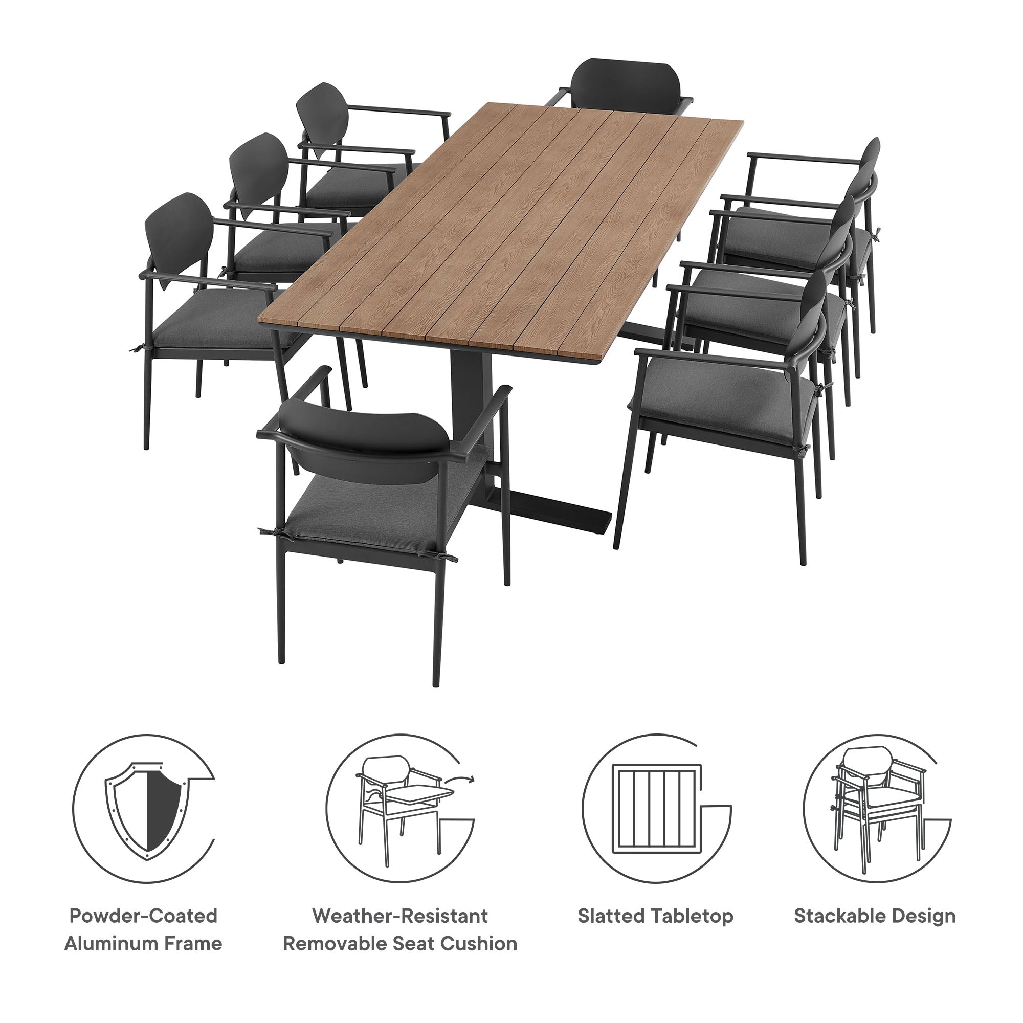 Aeris 9-Piece Outdoor Patio Aluminum Dining Set, Charcoal