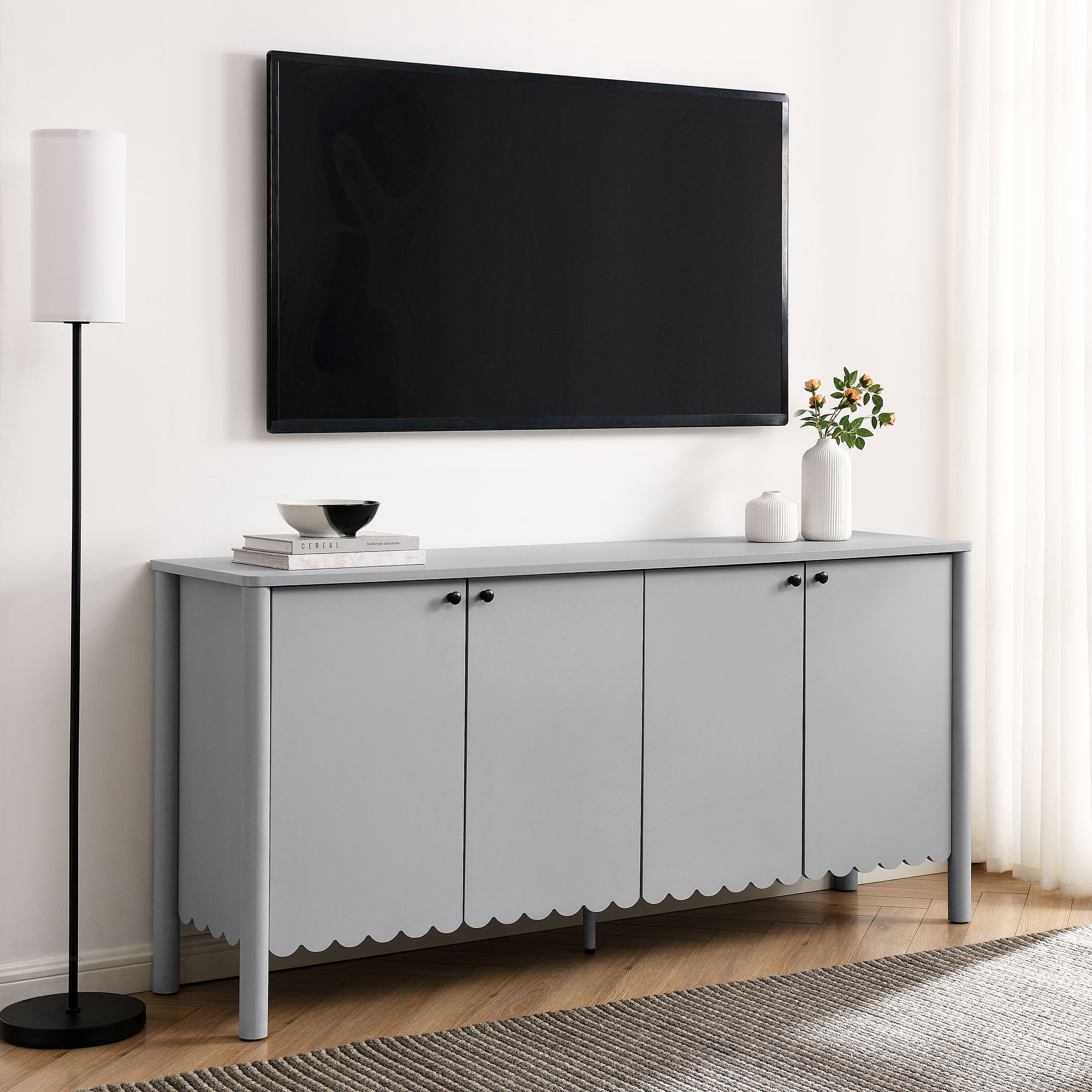 Emmeline 66" 4-Door Scalloped Sideboard Cabinet, Light Gray